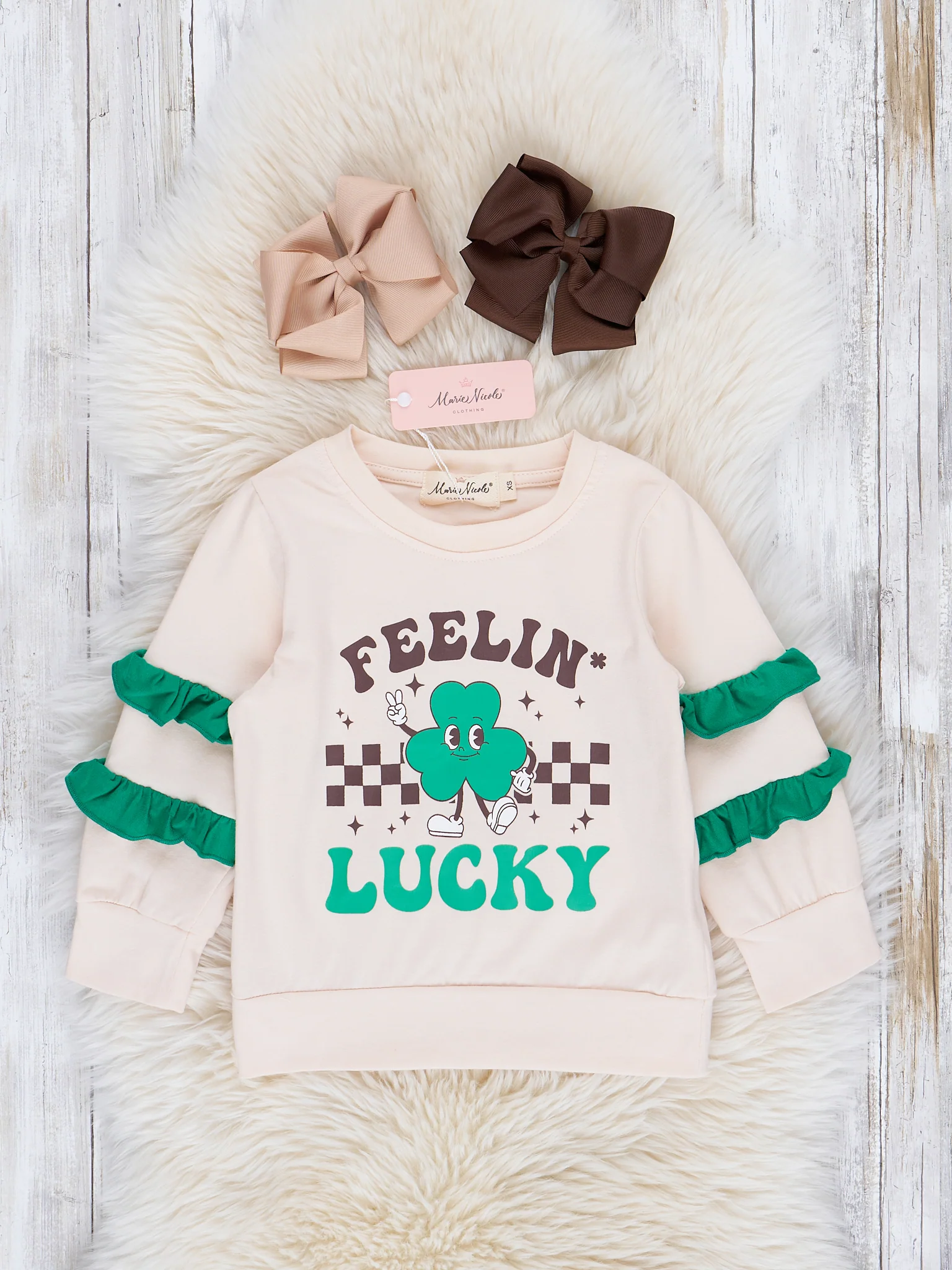 Tan & Green "Feelin' Lucky" Ruffle Shirt