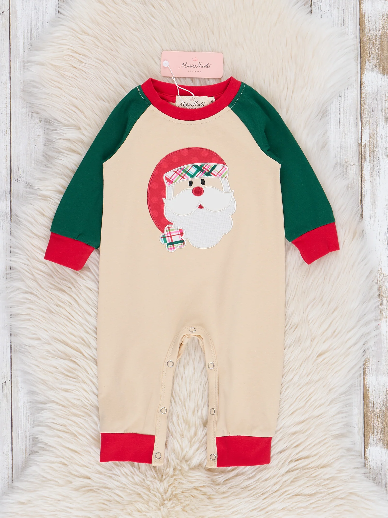 Tan & Green Raglan Embroidered Santa Romper