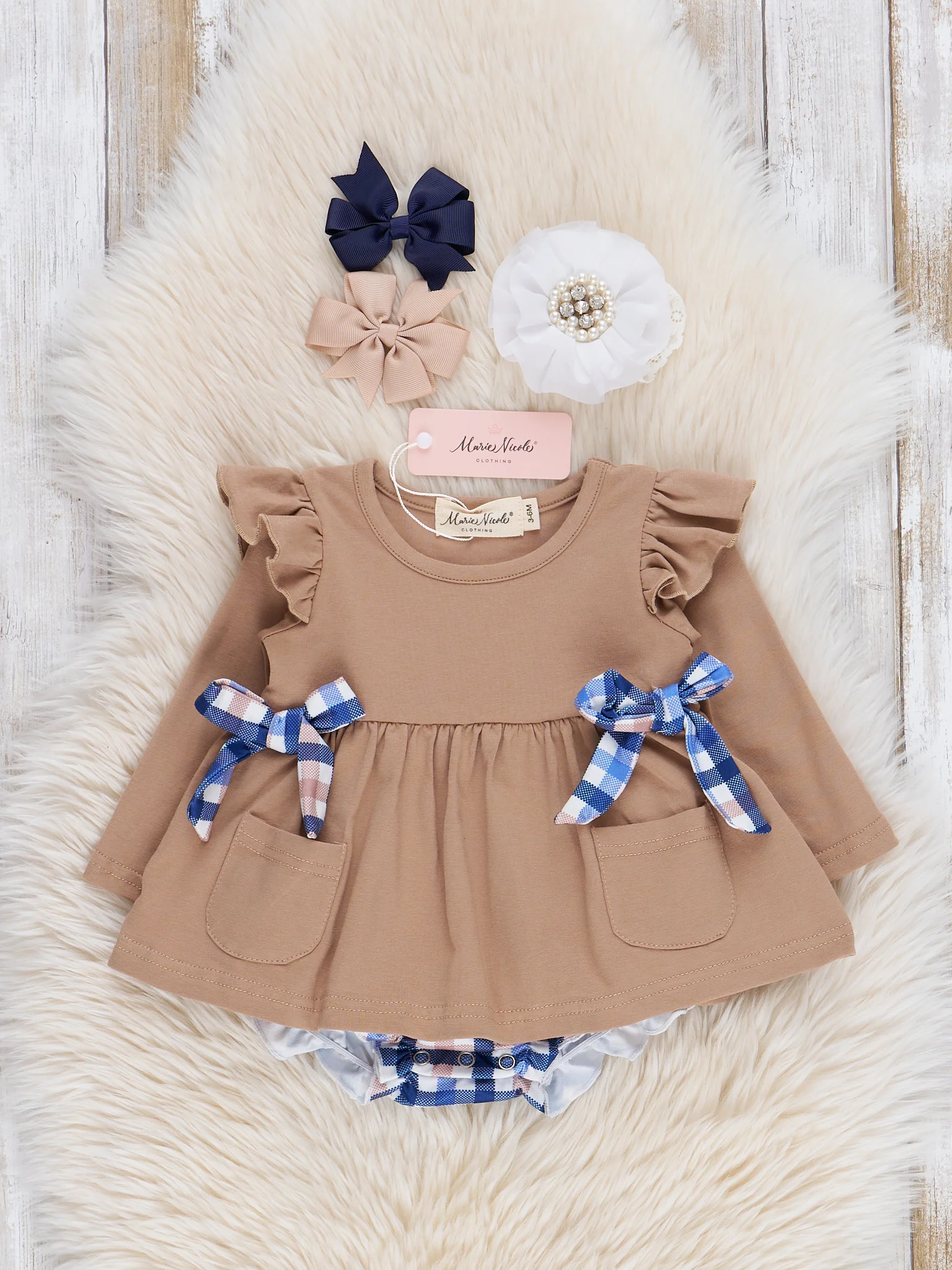 Tan & Navy Plaid Ruffle Bubble Romper
