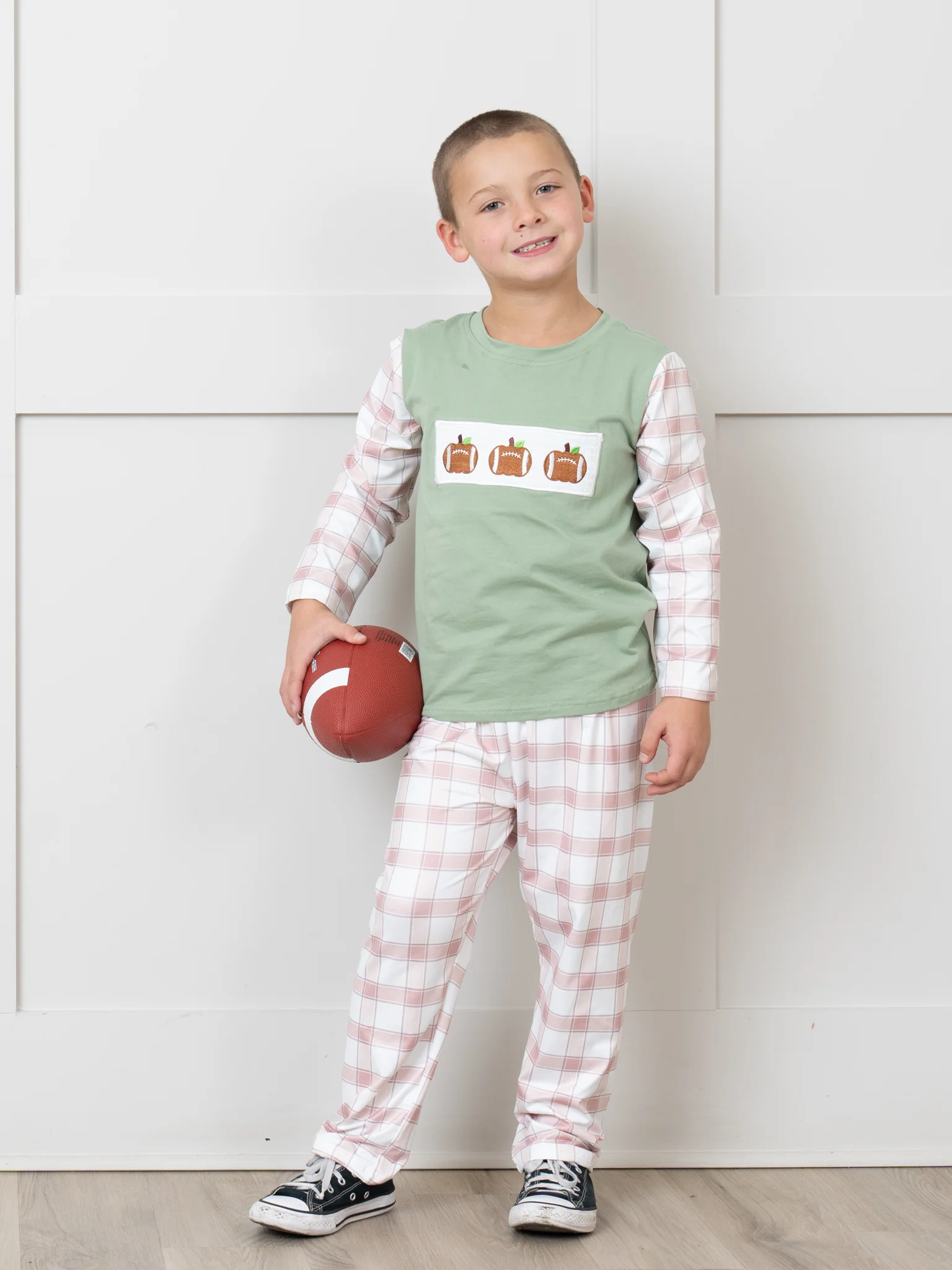 Tan & Olive Plaid Smocked Football Outfit