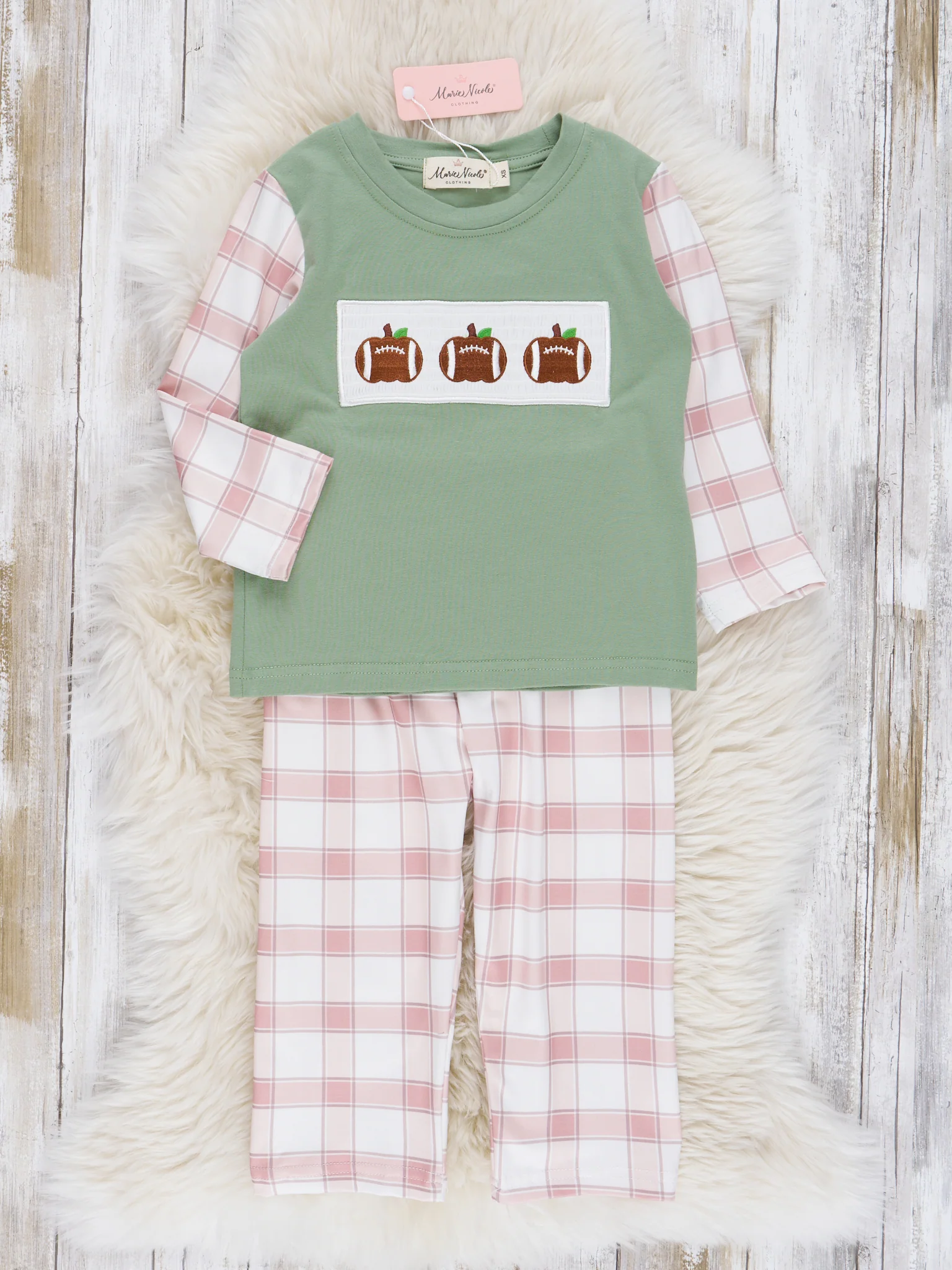 Tan & Olive Plaid Smocked Football Outfit - Image 2