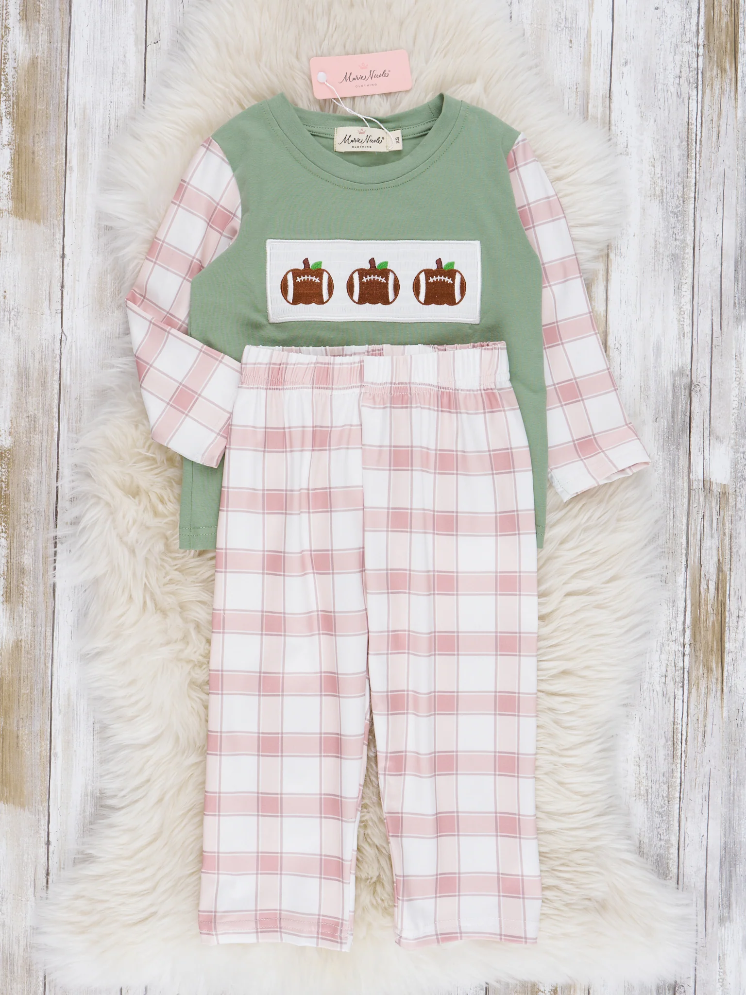 Tan & Olive Plaid Smocked Football Outfit - Image 3