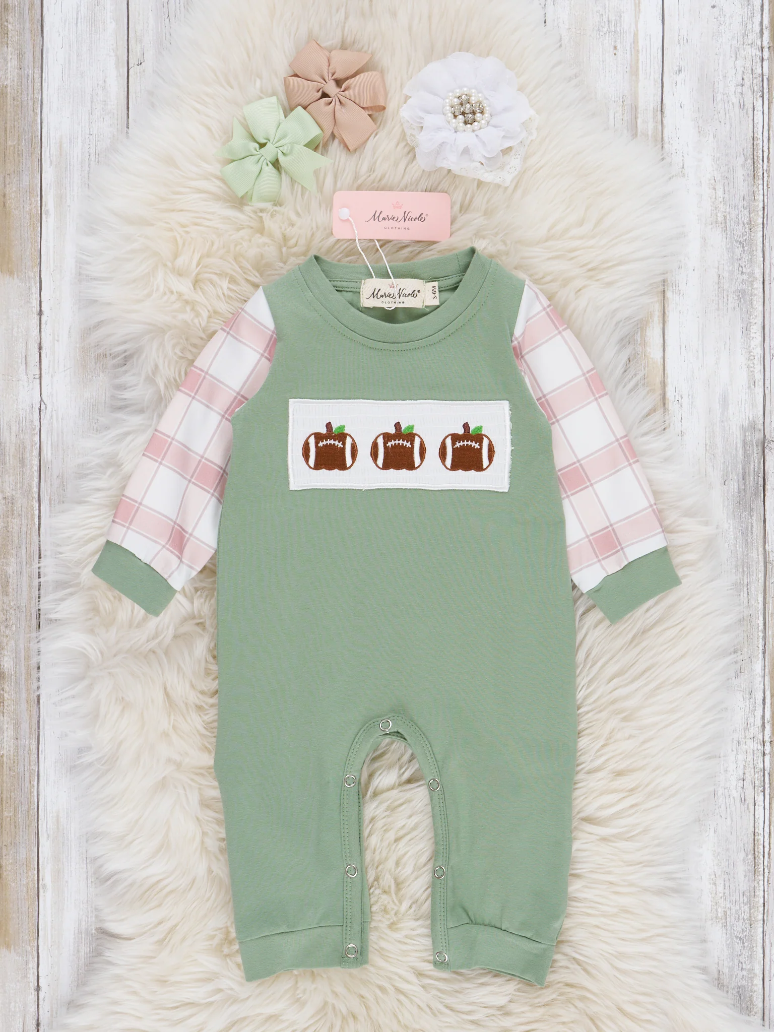 Tan & Olive Plaid Smocked Football Romper