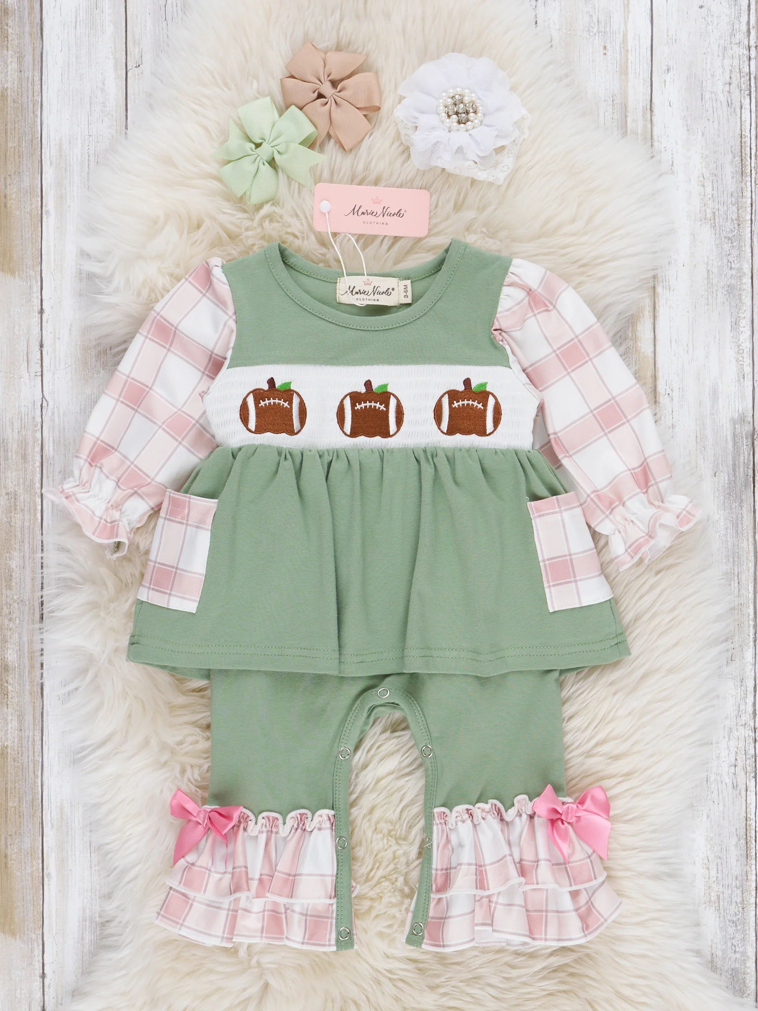Tan & Olive Plaid Smocked Football Ruffle Romper