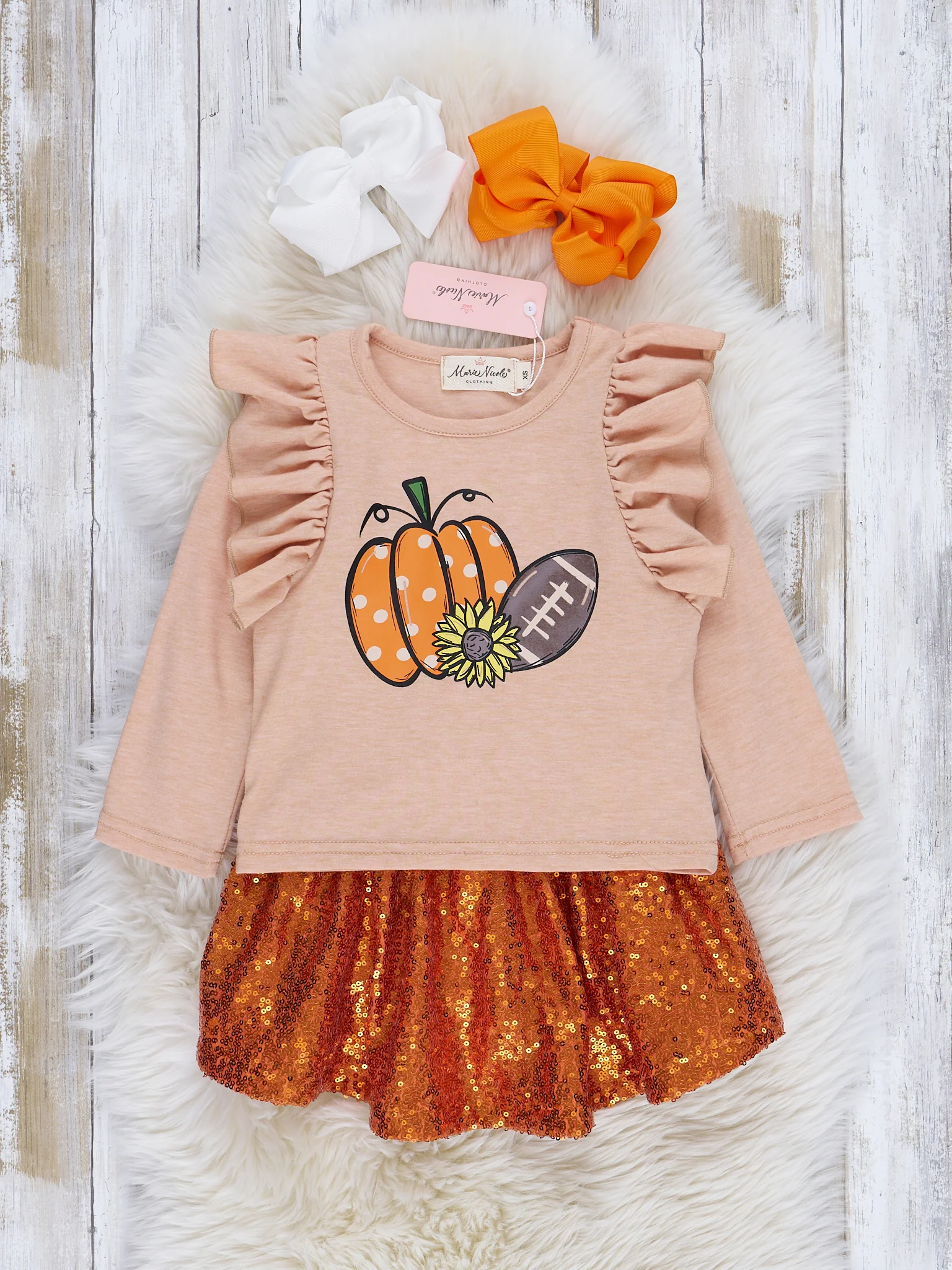 Heather Peach & Orange Sequin Skirt Ruffle Outfit
