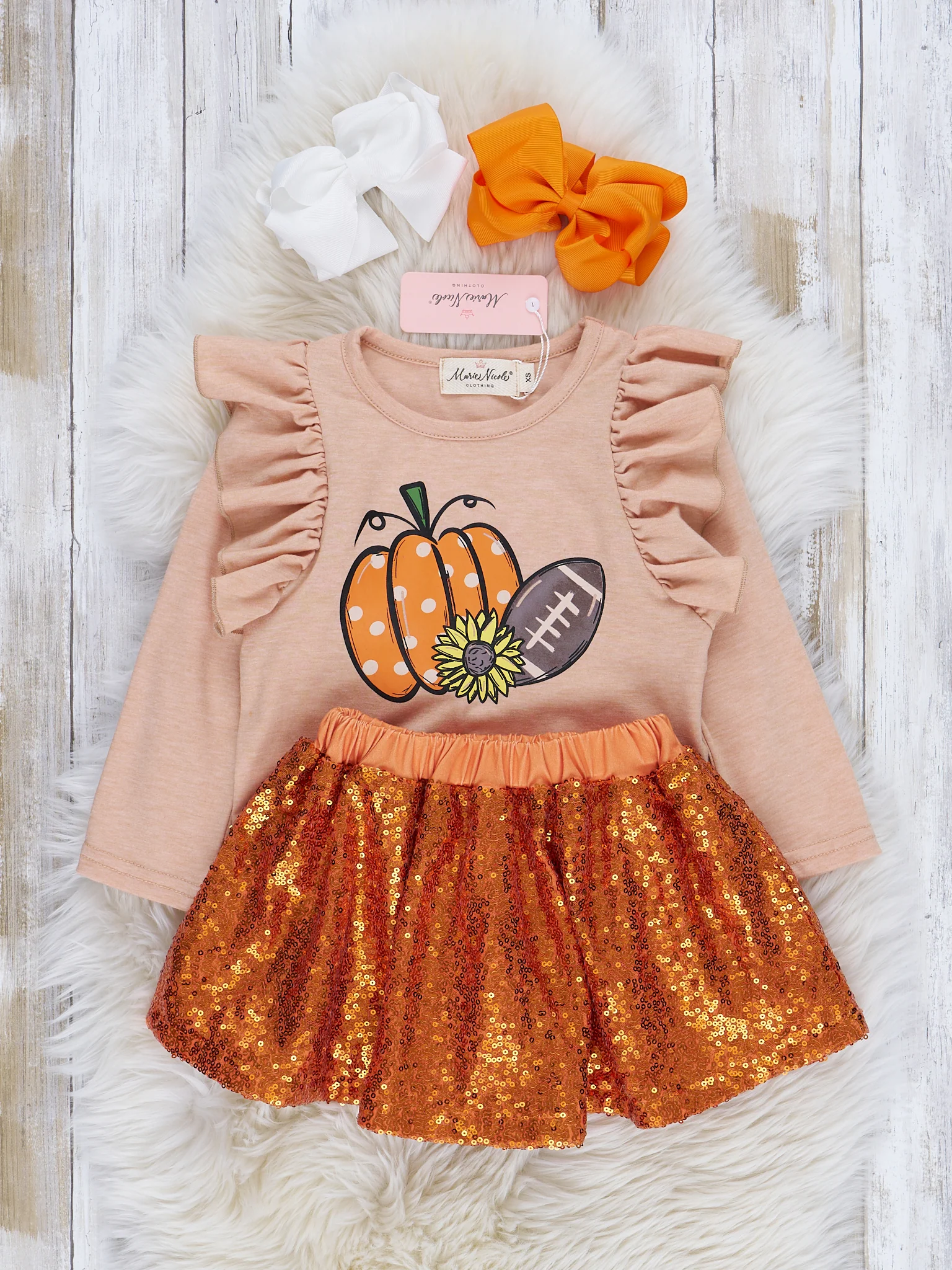 Heather Peach & Orange Sequin Skirt Ruffle Outfit - Image 2