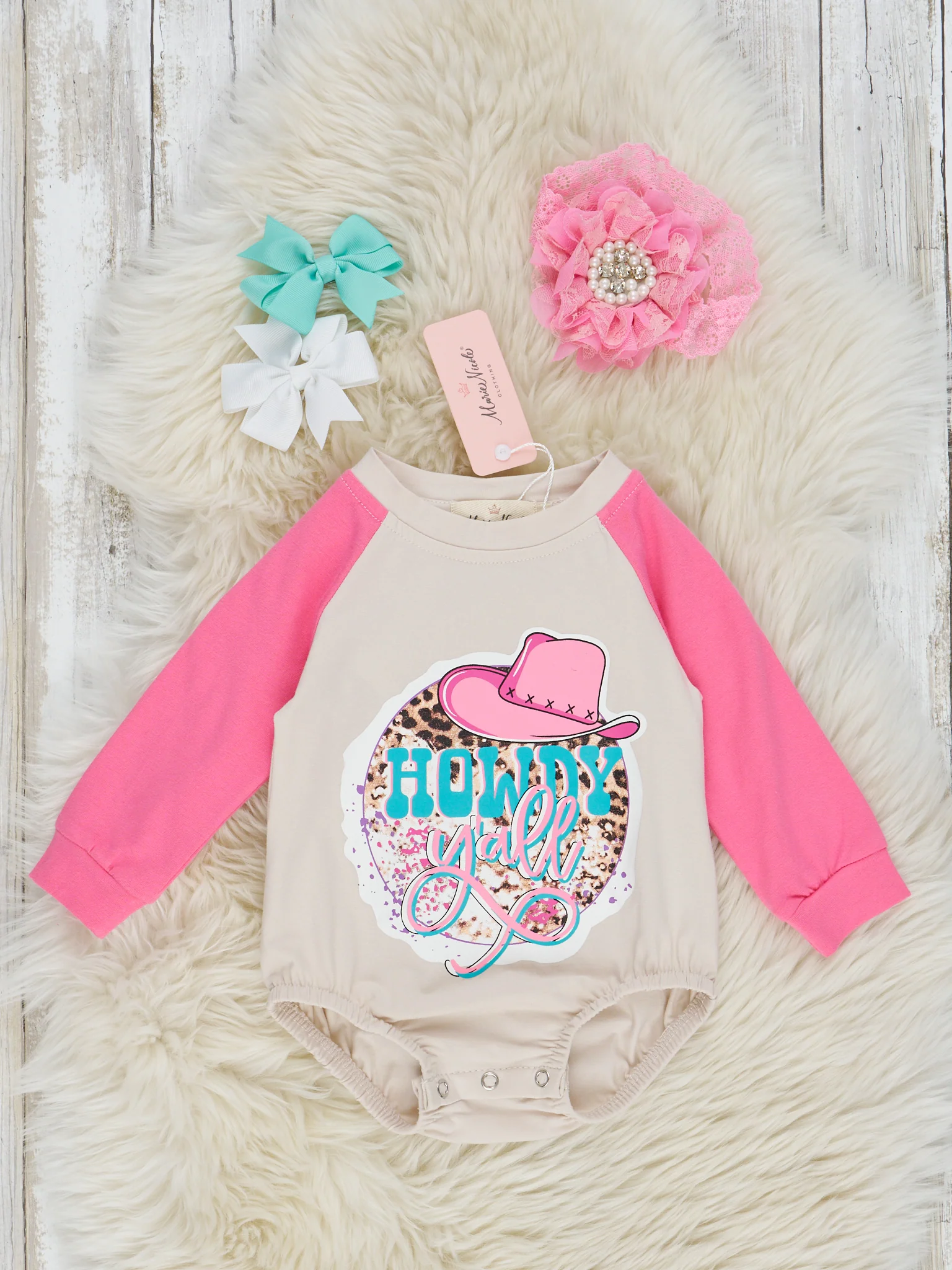 Tan & Pink Leopard Cowgirl Raglan Bubble Romper