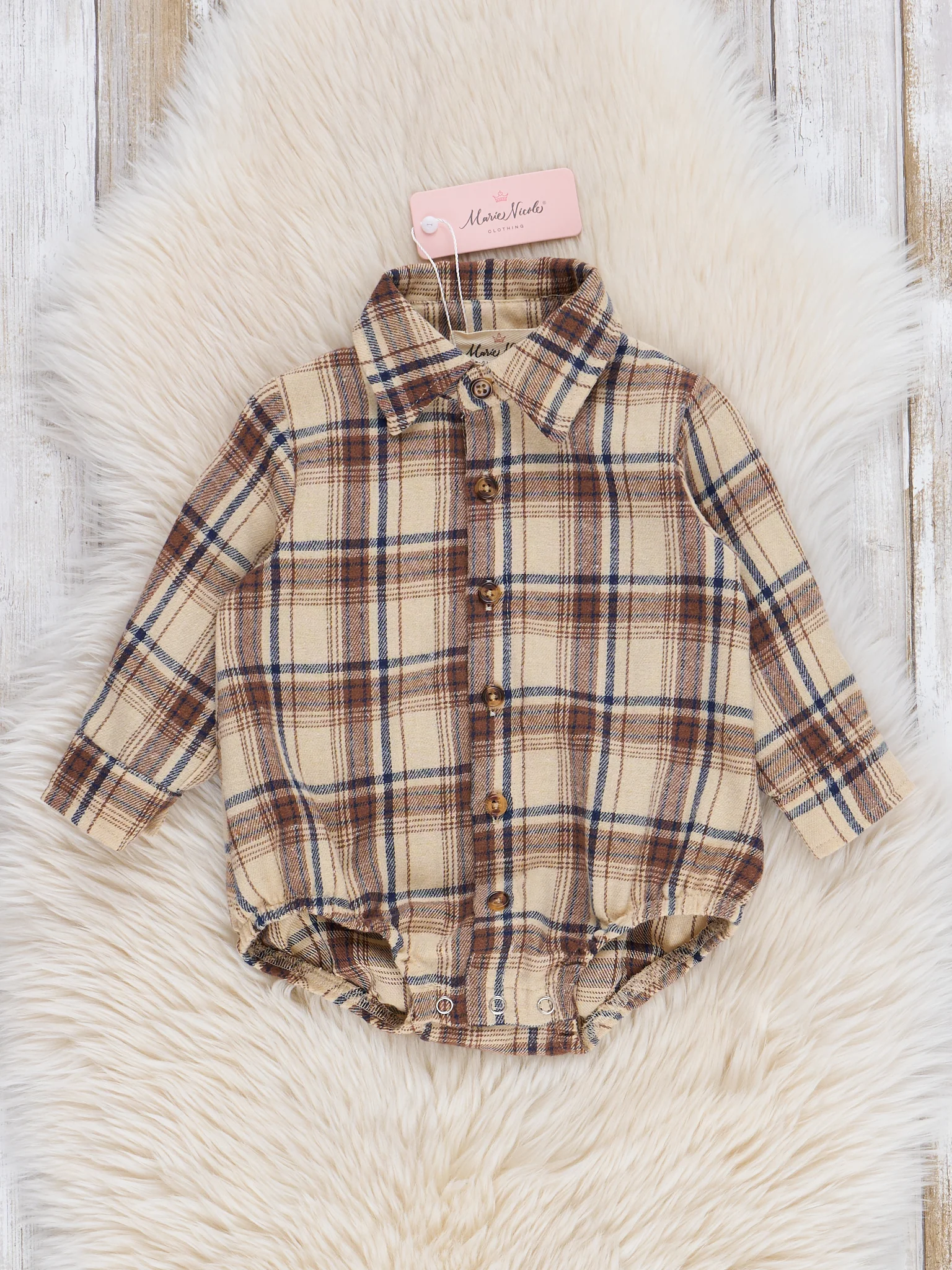 Tan Plaid Button-Up Bubble Romper