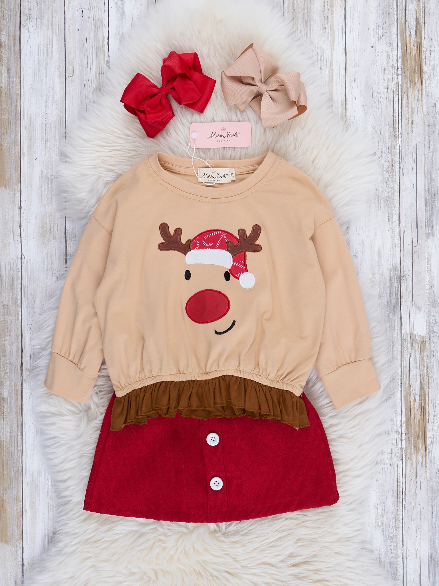 Tan & Red Friendly Reindeer Ruffle Outfit w/ Skirt