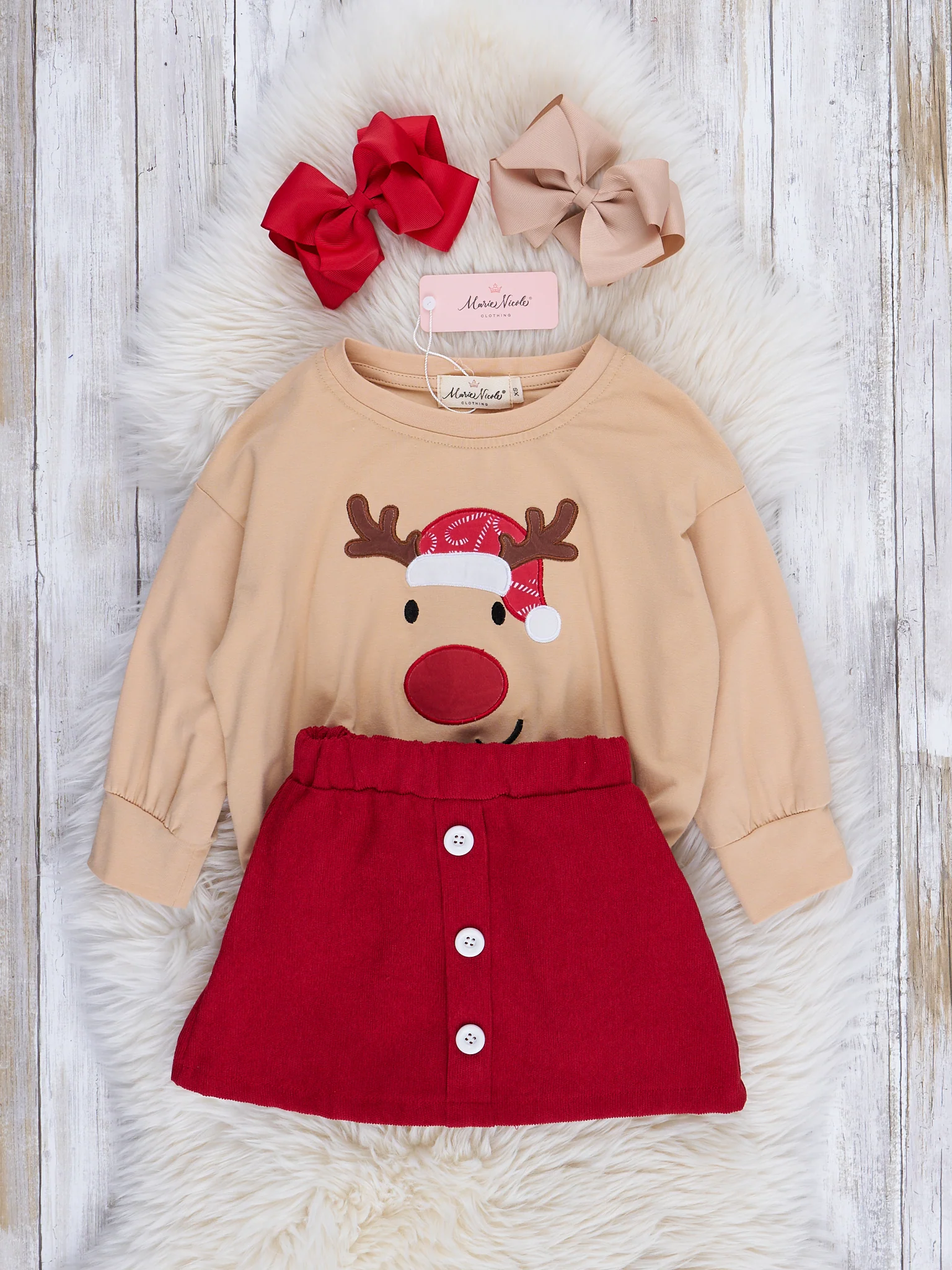 Tan & Red Friendly Reindeer Ruffle Outfit w/ Skirt - Image 2