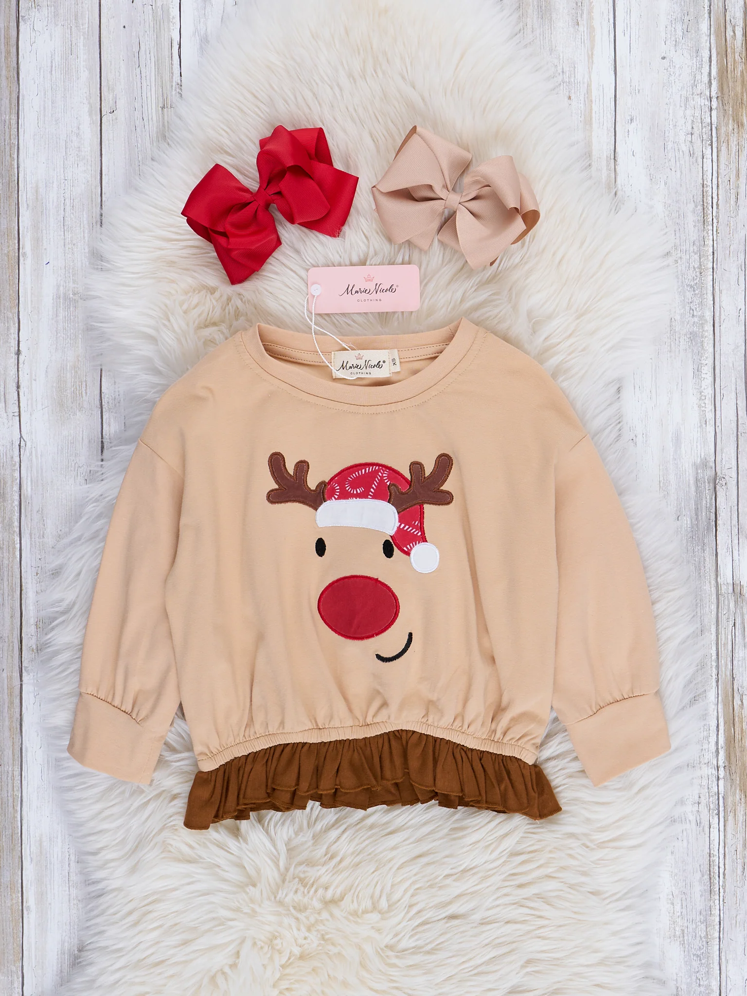 Tan & Red Friendly Reindeer Ruffle Outfit w/ Skirt - Image 3