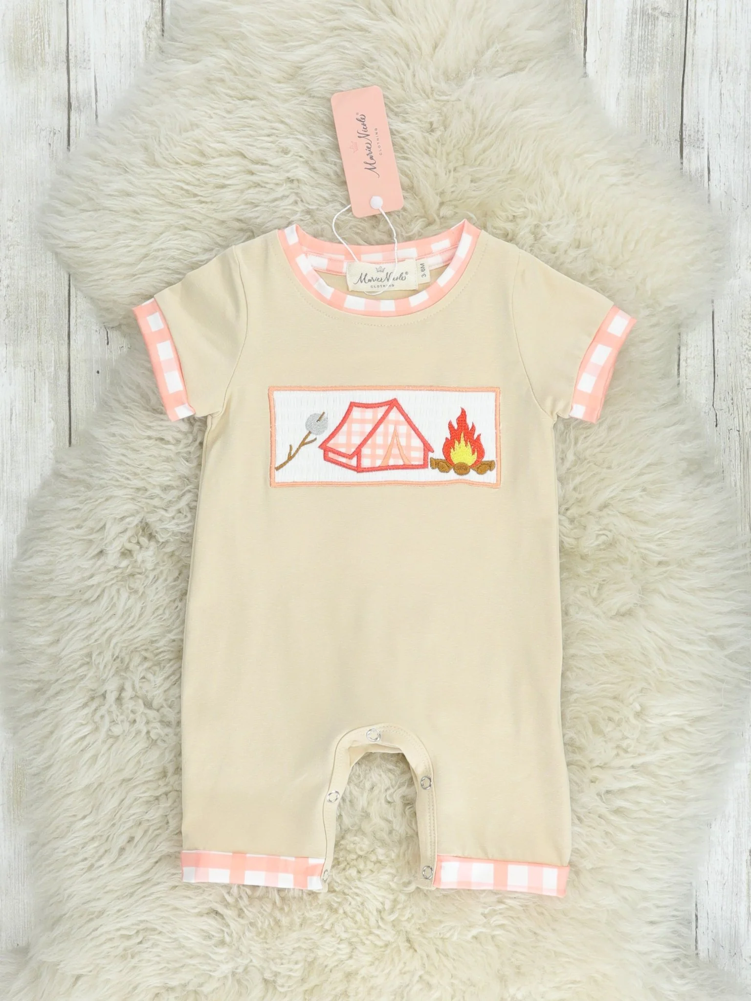 Tan Smocked Camping Romper
