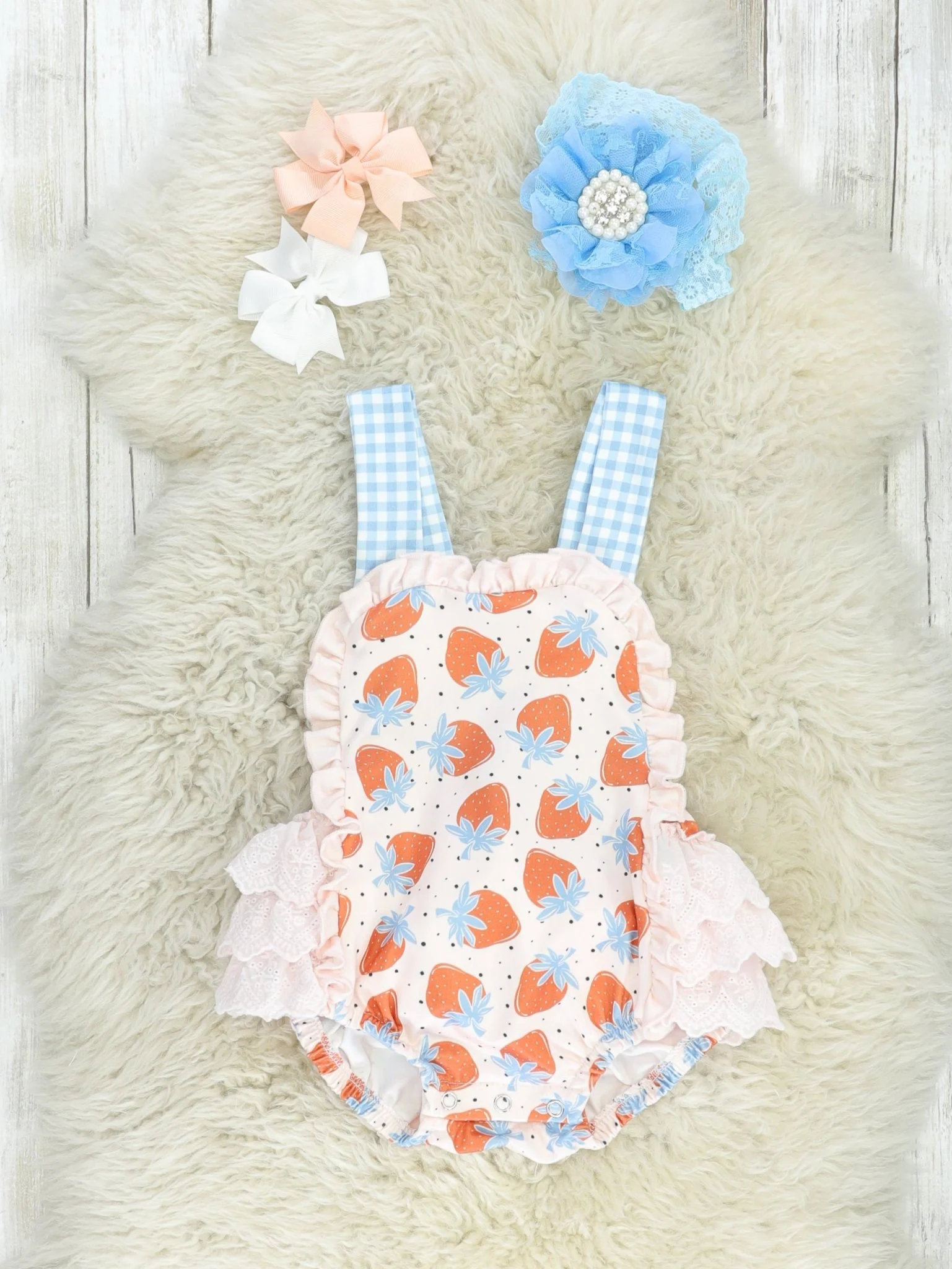 Tan Strawberry Gingham Ruffle Bubble Romper