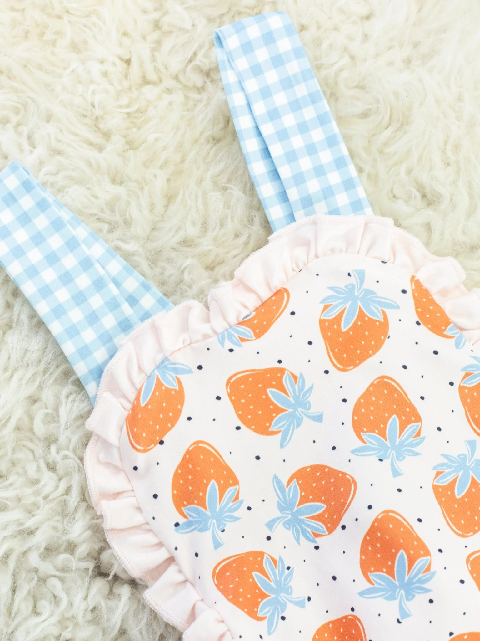 Tan Strawberry Gingham Ruffle Bubble Romper - Image 2