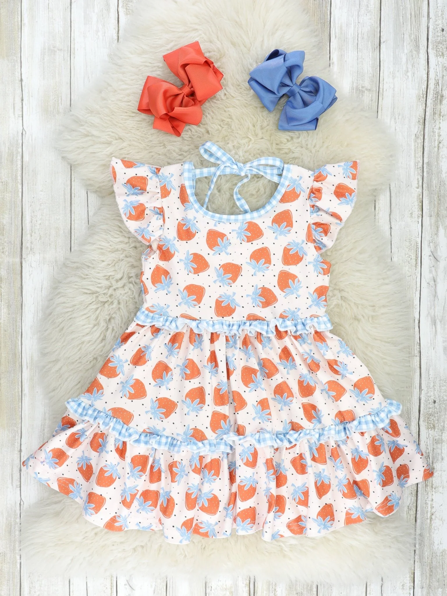 Tan Strawberry Gingham Ruffle Dress
