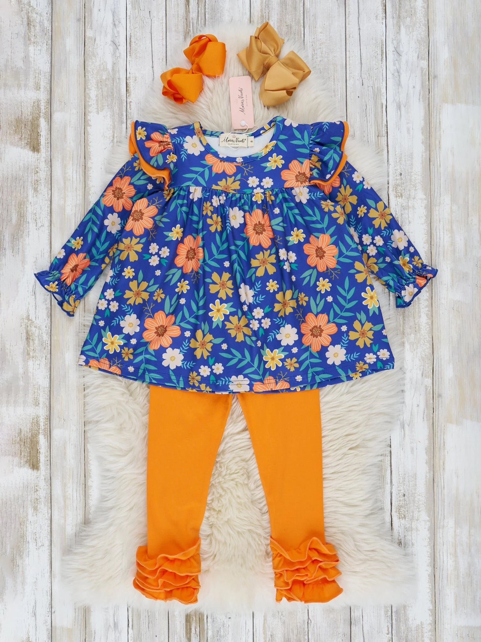 Tangerine & Blue Floral Ruffle Outfit