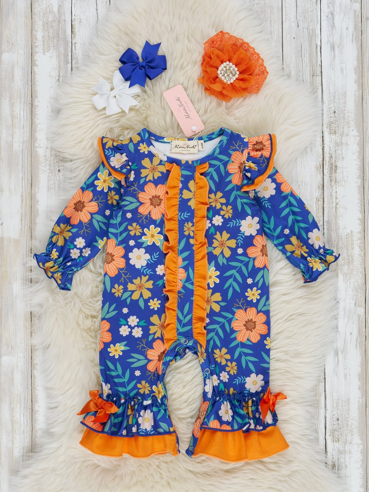 Tangerine & Blue Floral Ruffle Romper