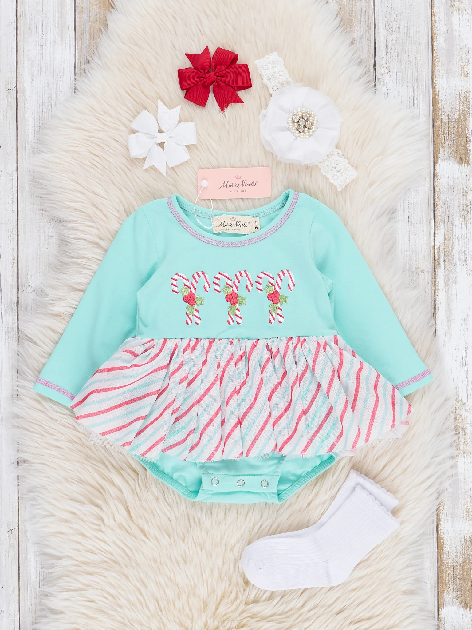 Teal Candy Cane Cutie Peplum Tulle Bubble Romper