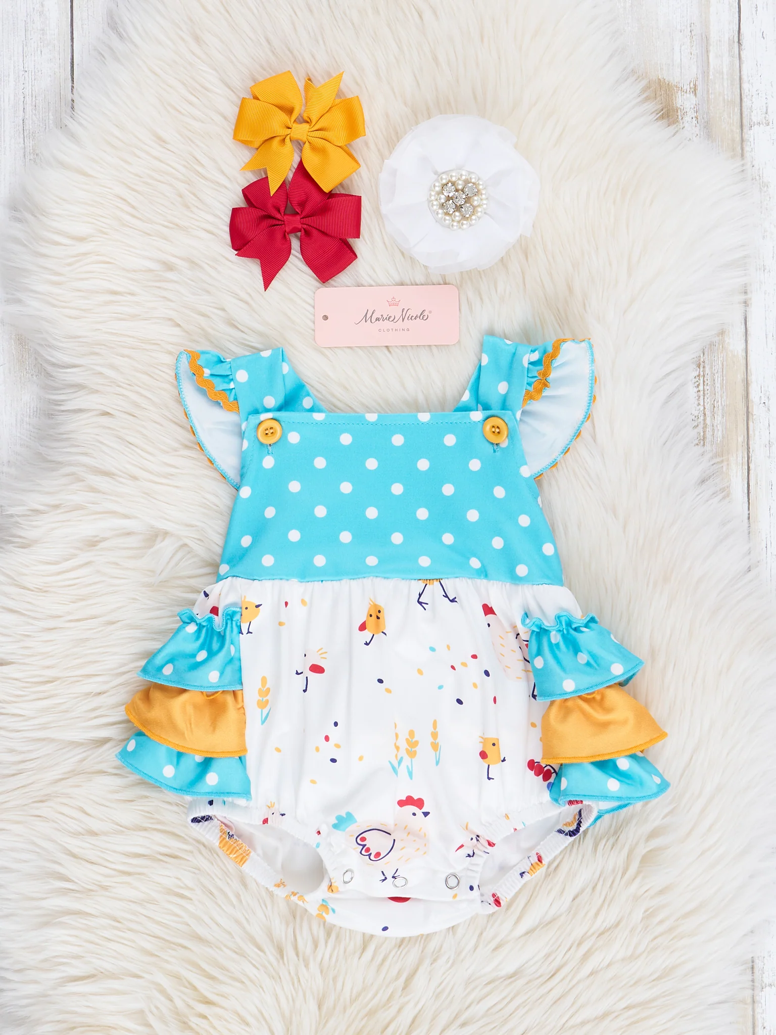 Teal Chicks & Dots Ruffle Bubble Romper