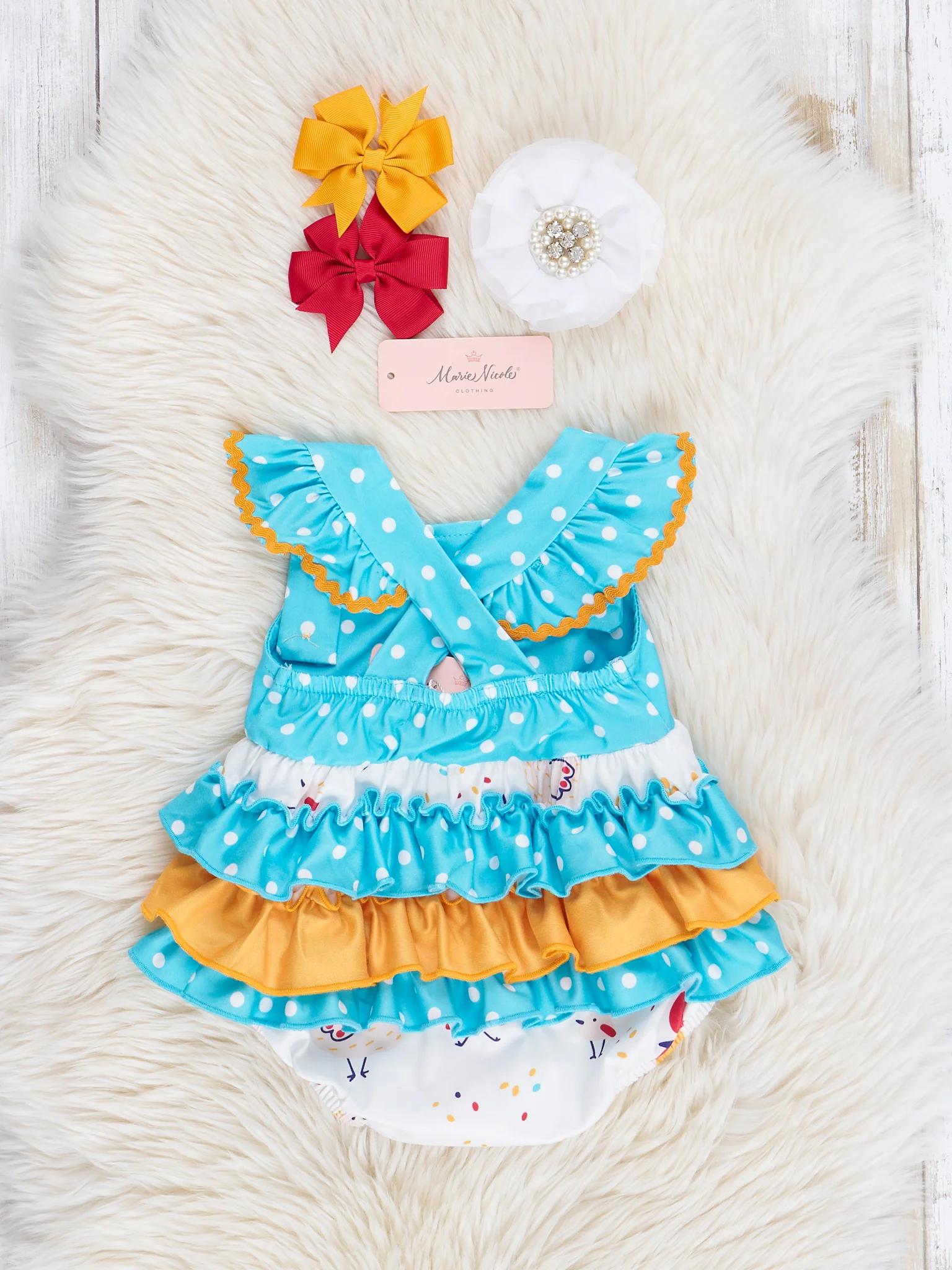 Teal Chicks & Dots Ruffle Bubble Romper - Image 2