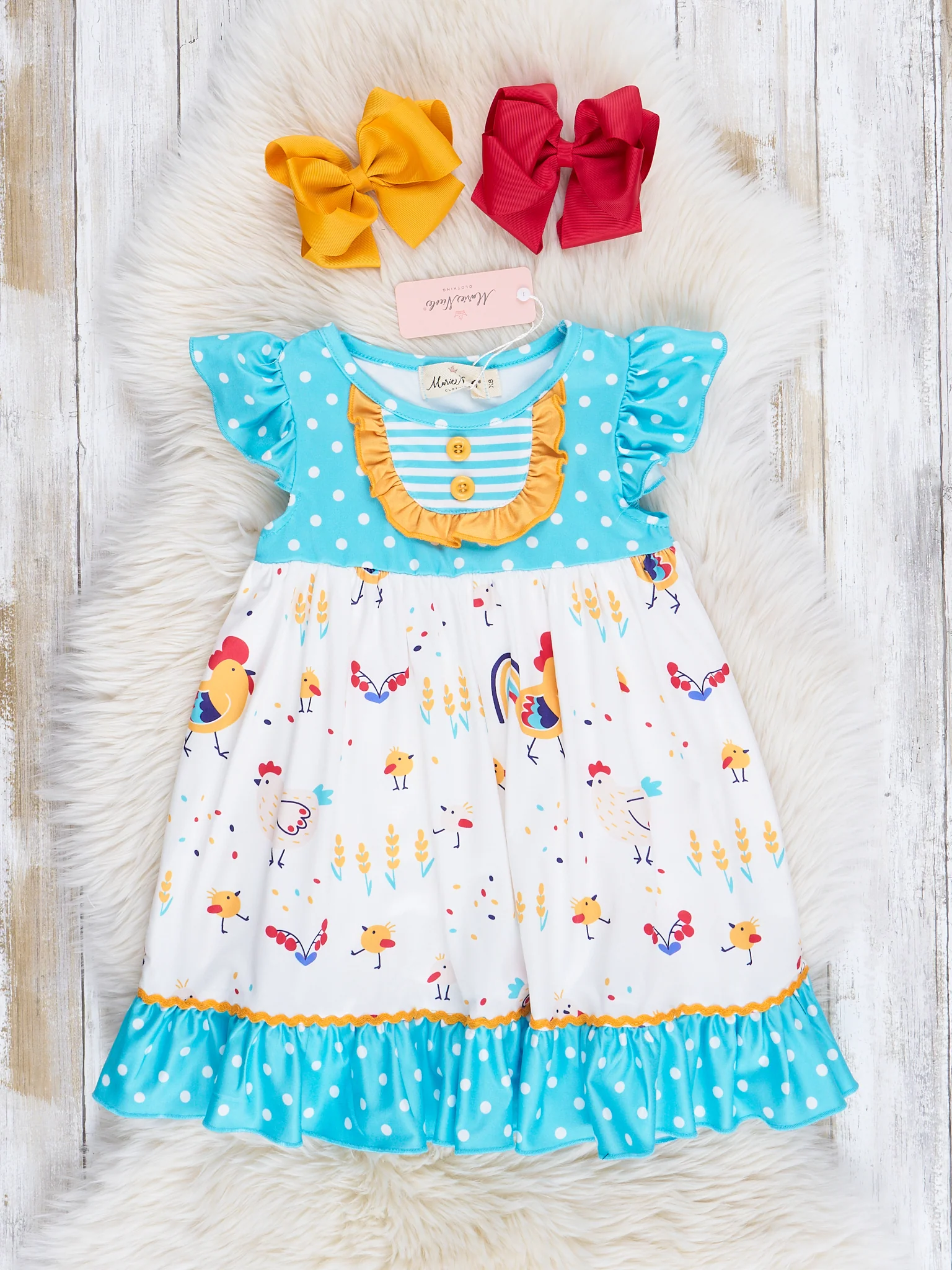 Teal Chicks & Dots Ruffle Dress
