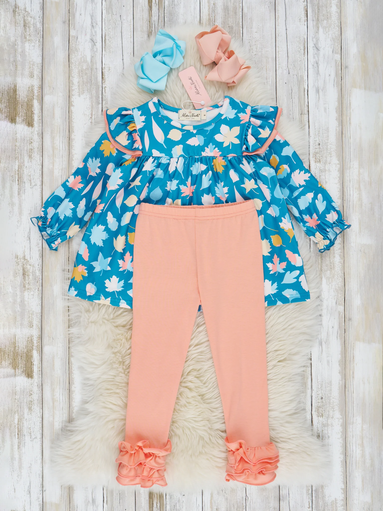 Teal & Coral Autumn Leaves Ruffle Outfit - Image 2