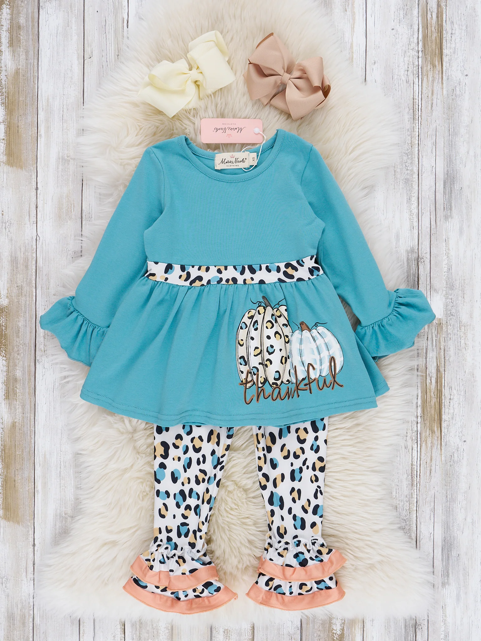Teal & Coral Leopard "Pumpkin" Ruffle Outfit