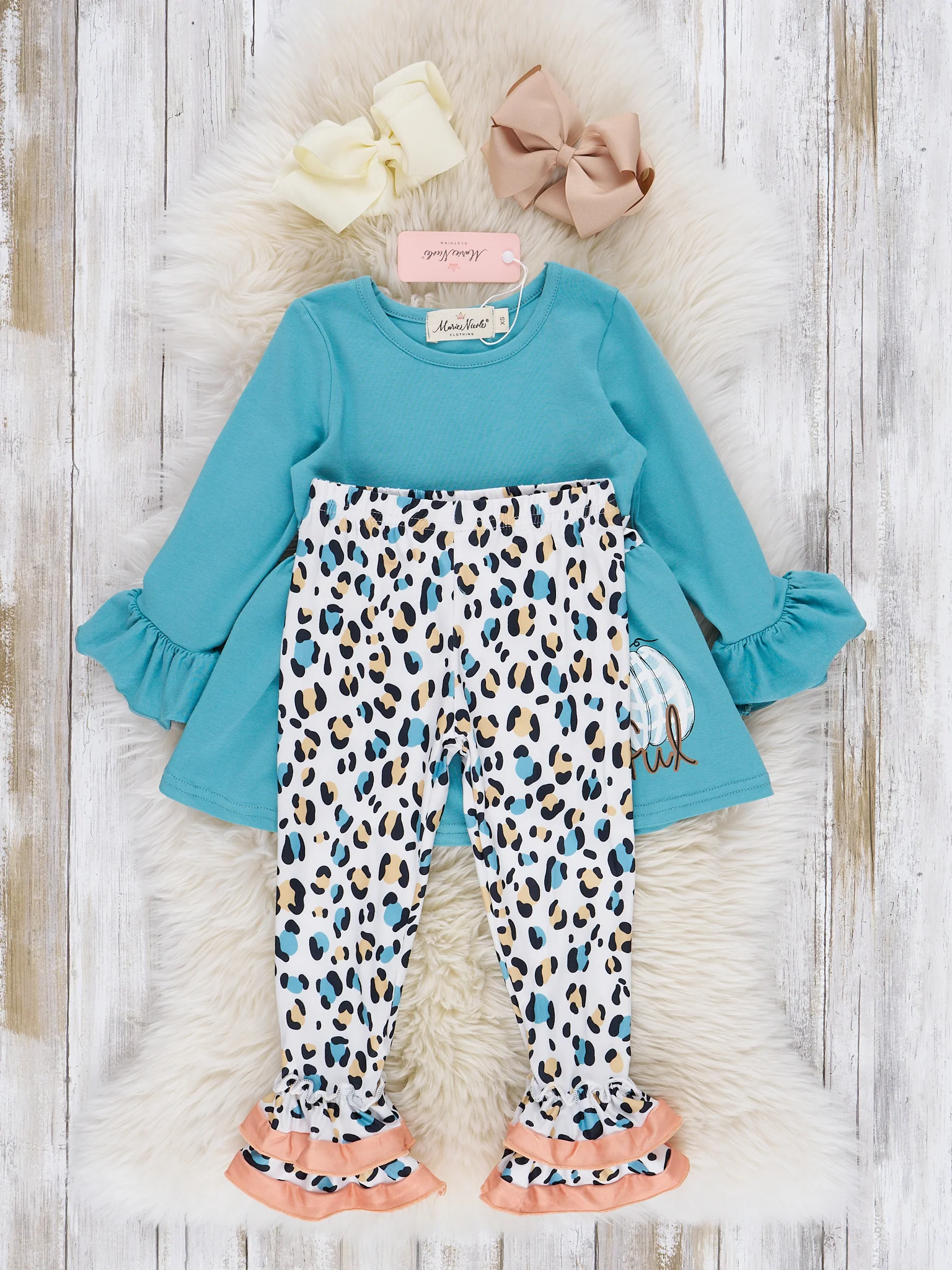 Teal & Coral Leopard "Pumpkin" Ruffle Outfit - Image 2