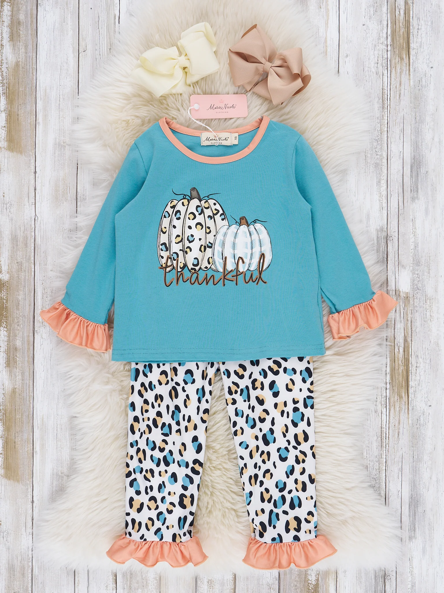 Teal & Coral Leopard "Pumpkin" Ruffle Pajamas
