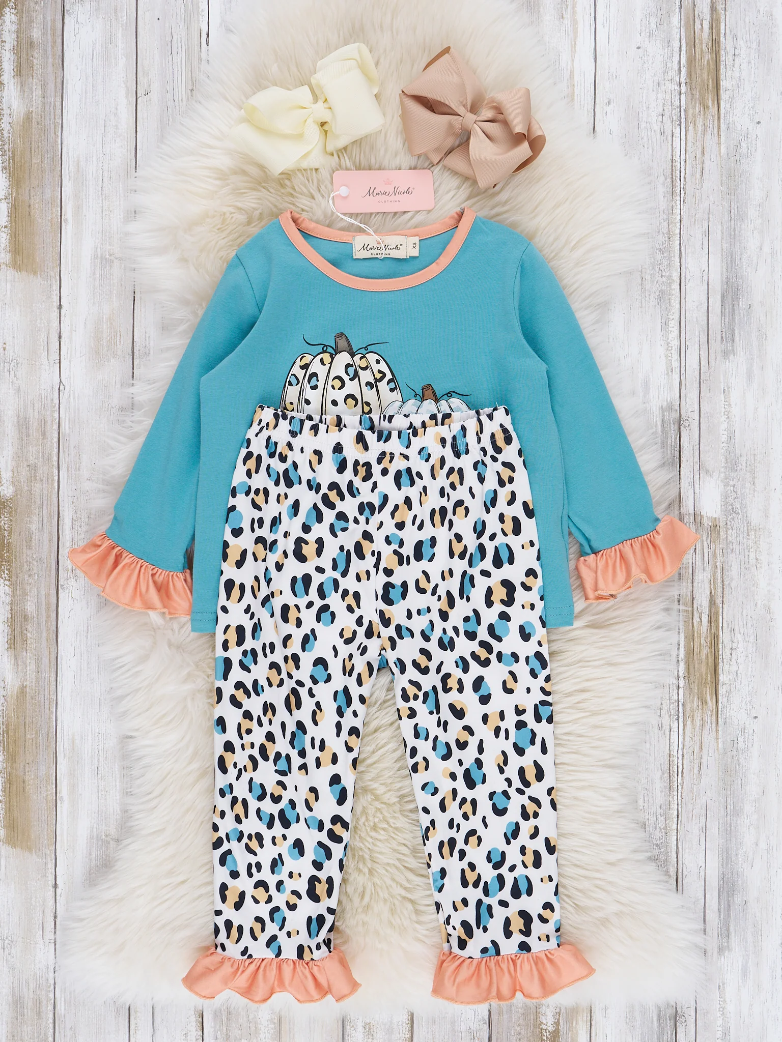 Teal & Coral Leopard "Pumpkin" Ruffle Pajamas - Image 2