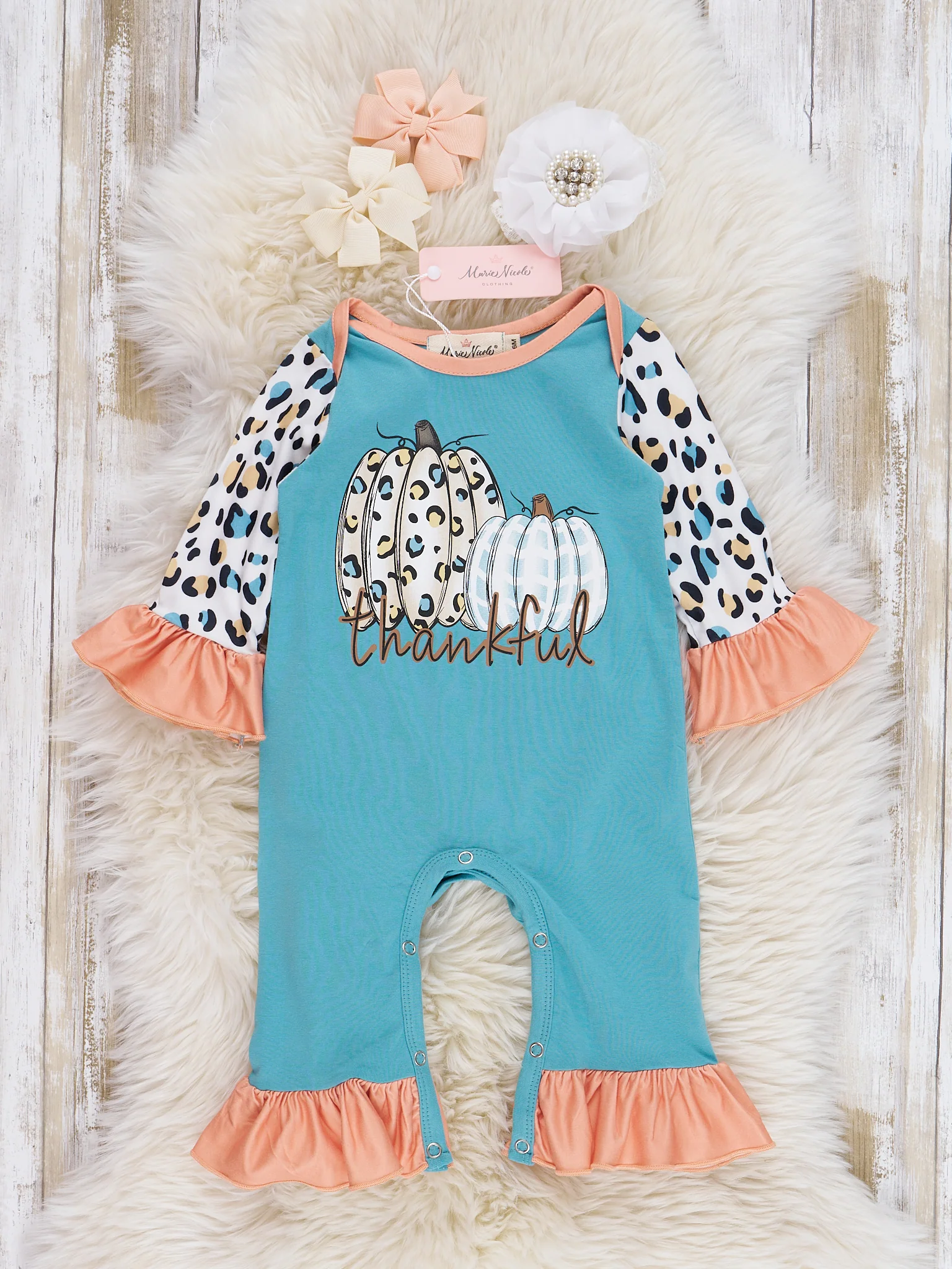 Teal & Coral Leopard "Pumpkin" Ruffle Romper