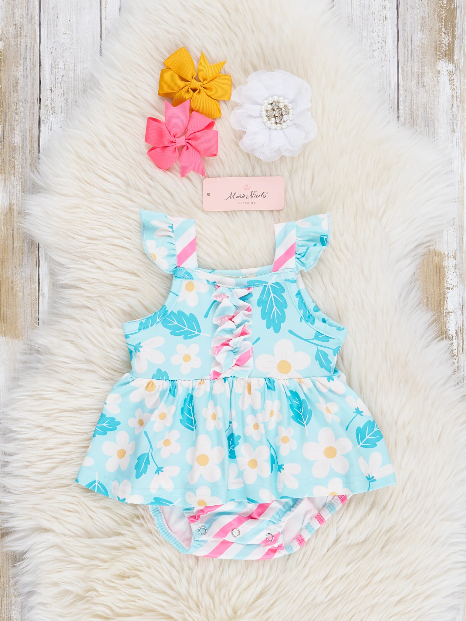 Teal Daisies & Candy Stripes Ruffle Bubble Romper