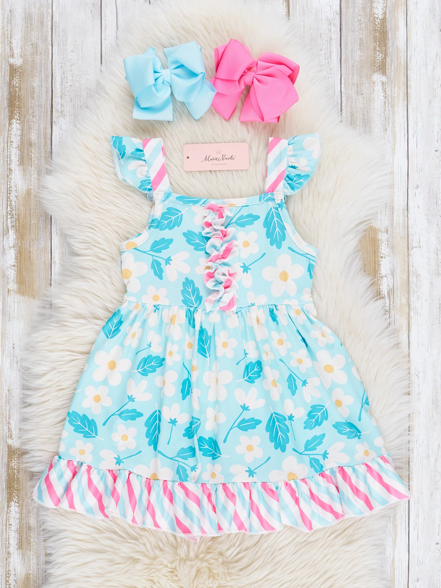 Teal Daisies & Candy Stripes Ruffle Dress