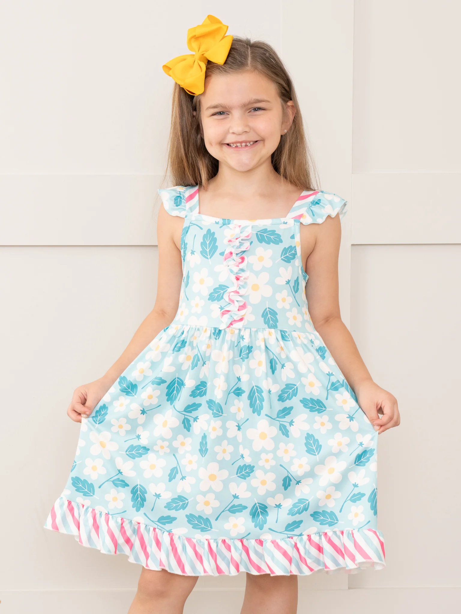Teal Daisies & Candy Stripes Ruffle Dress - Image 2