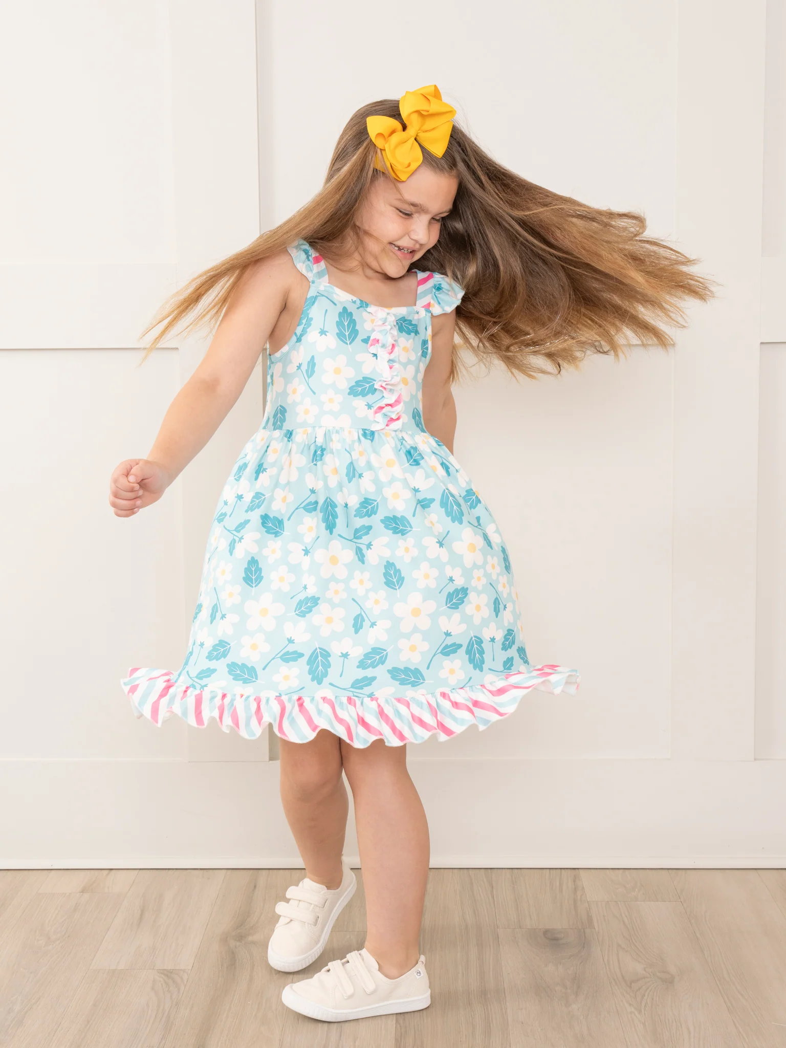 Teal Daisies & Candy Stripes Ruffle Dress - Image 3
