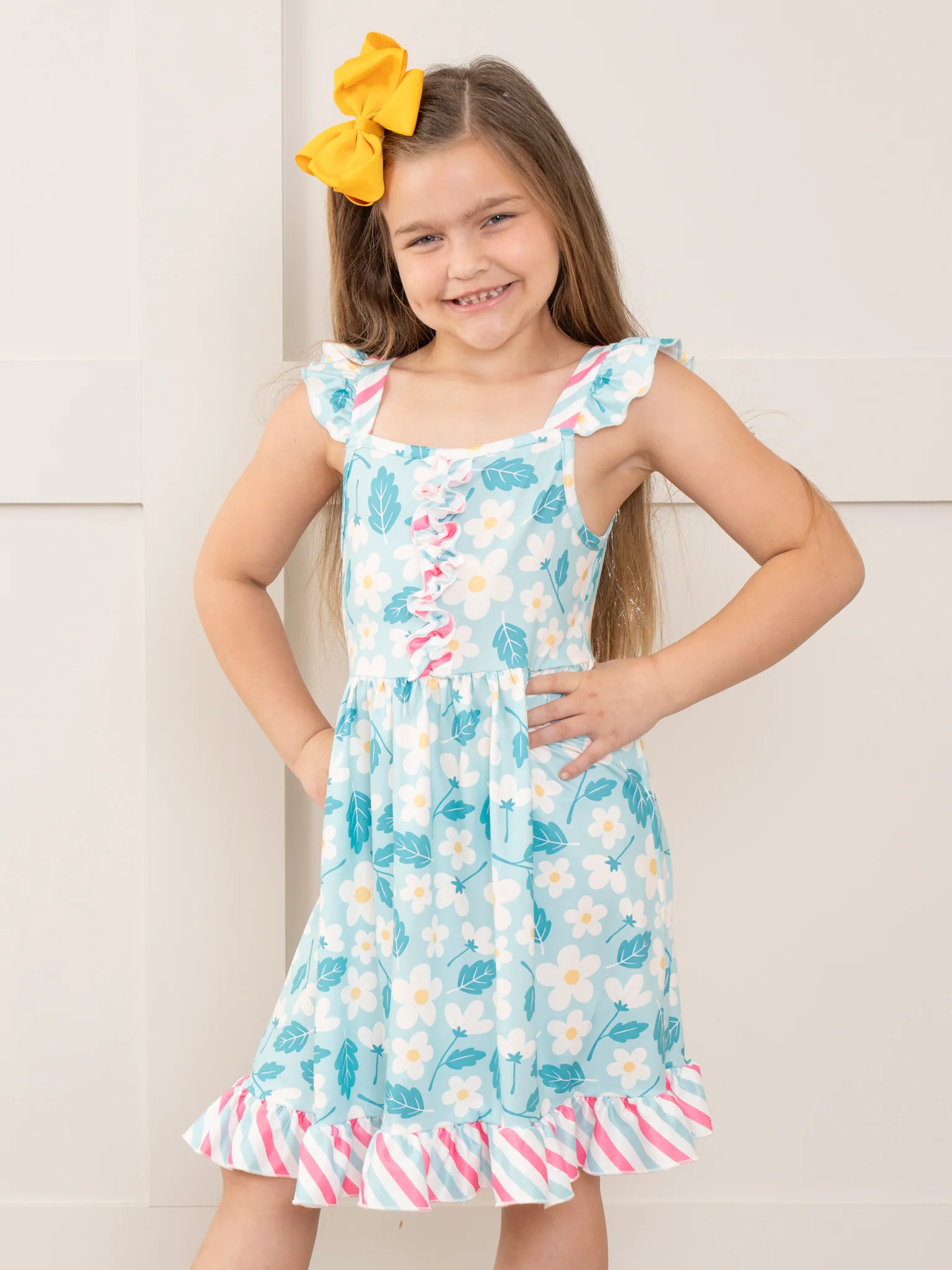 Teal Daisies & Candy Stripes Ruffle Dress - Image 4