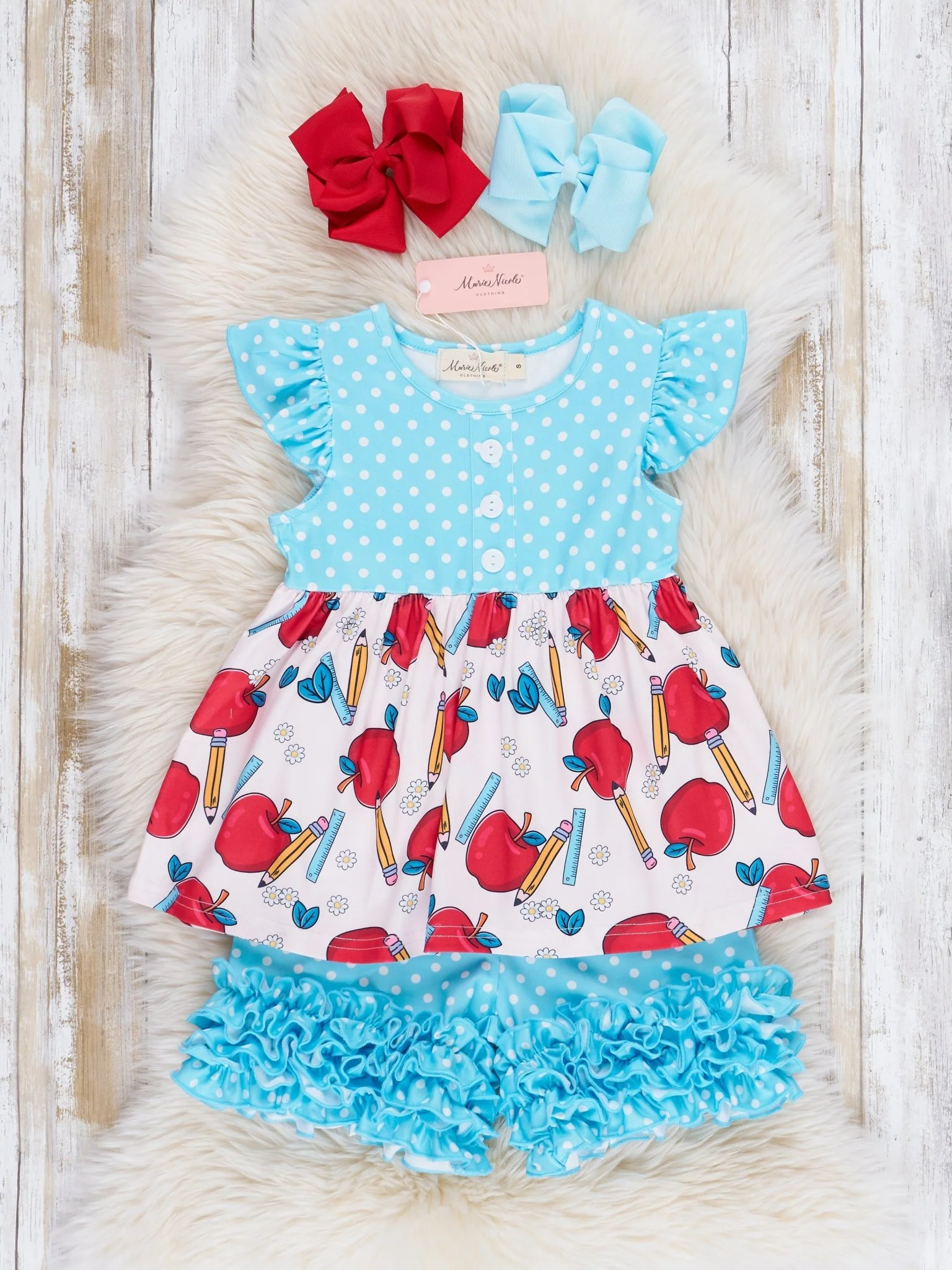 Teal Dots & Apples Ruffle Outfit