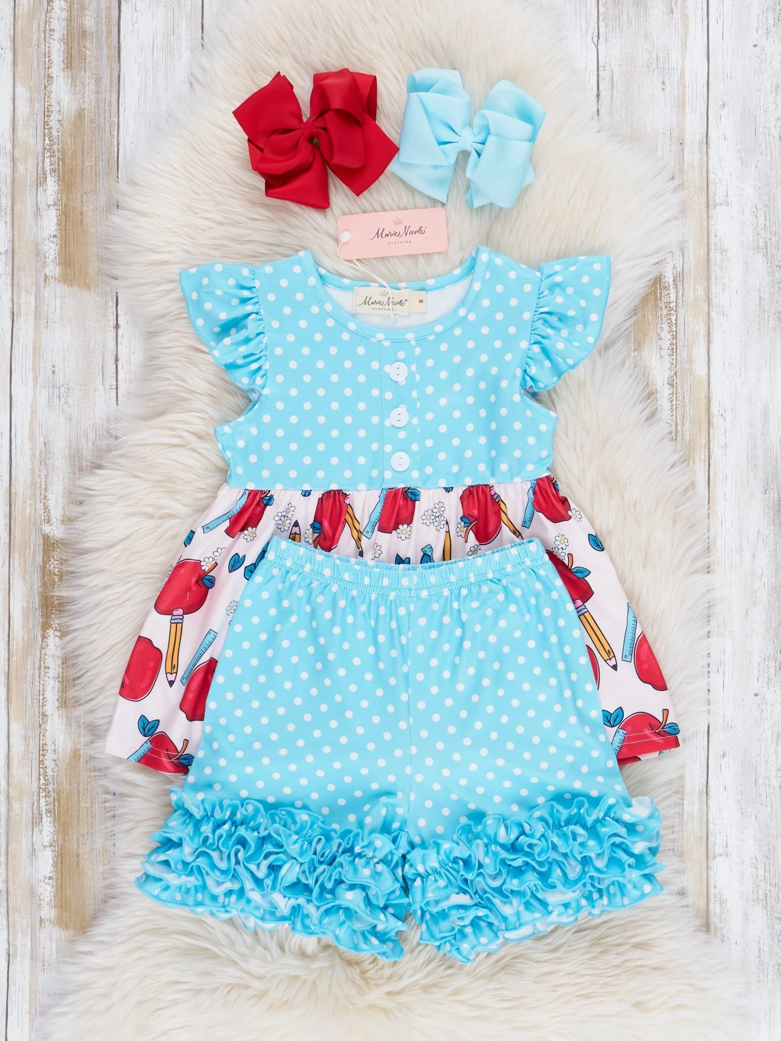 Teal Dots & Apples Ruffle Outfit - Image 2