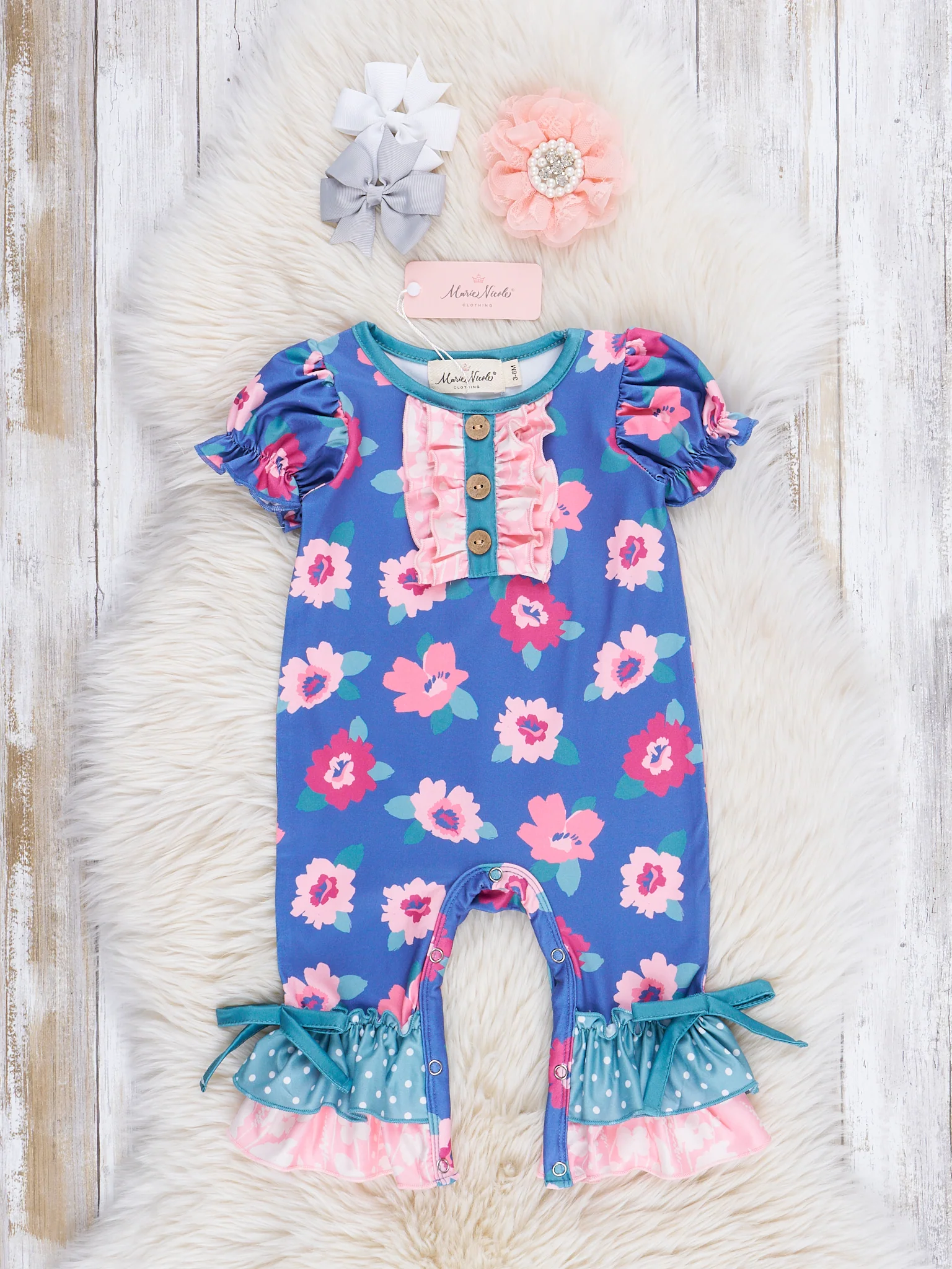 Teal Dots & Navy Florals Ruffle Romper