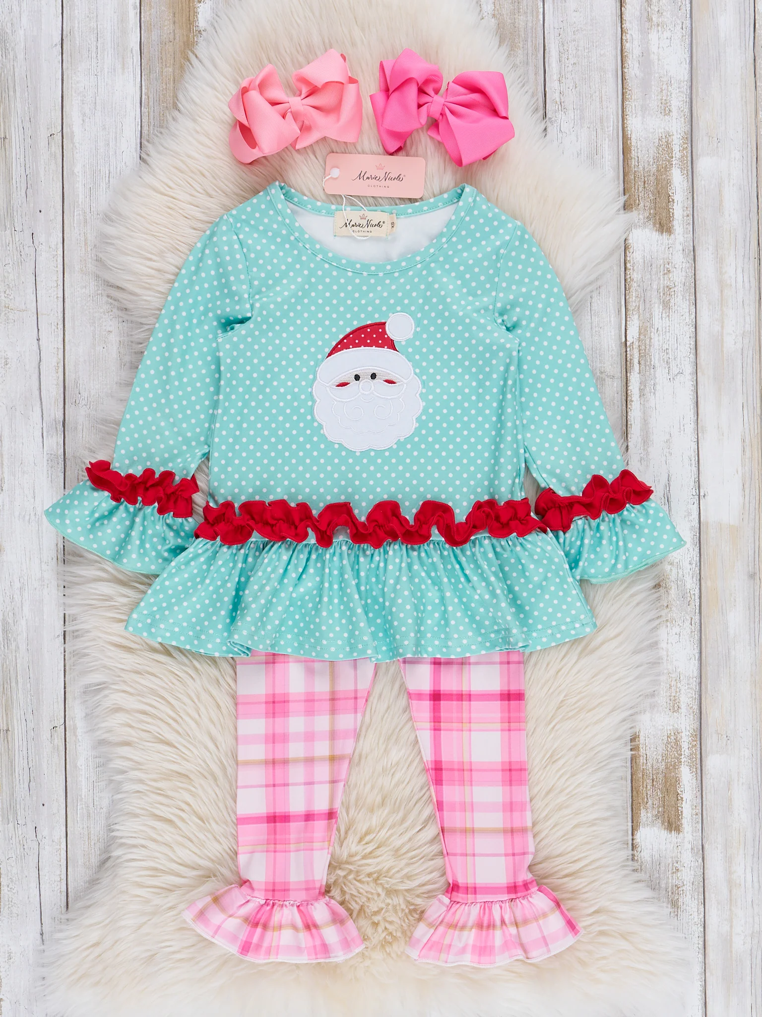 Teal Dots & Pink Plaid Santa Ruffle Outfit - Image 2