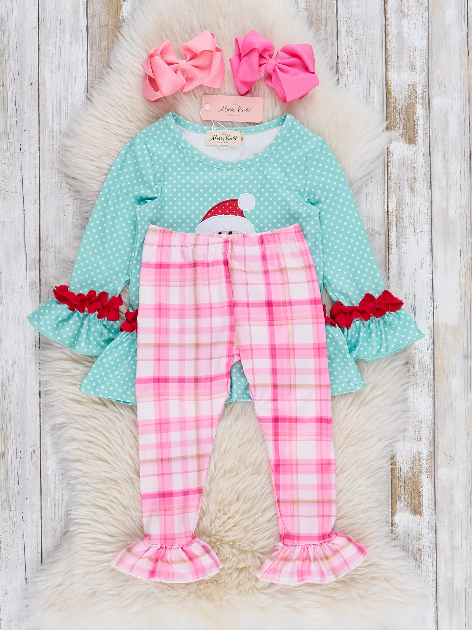 Teal Dots & Pink Plaid Santa Ruffle Outfit - Image 3