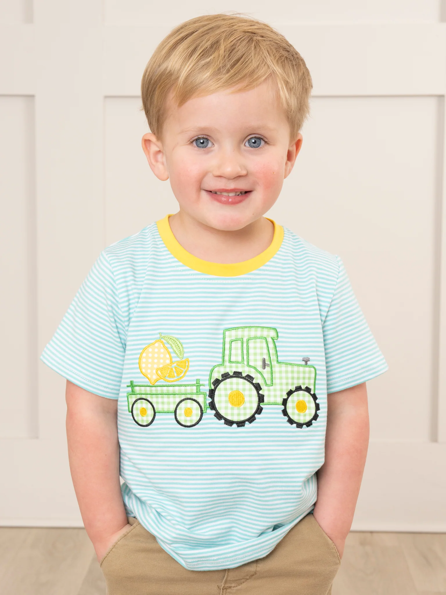 Teal Embroidered Lemon Tractor Shirt