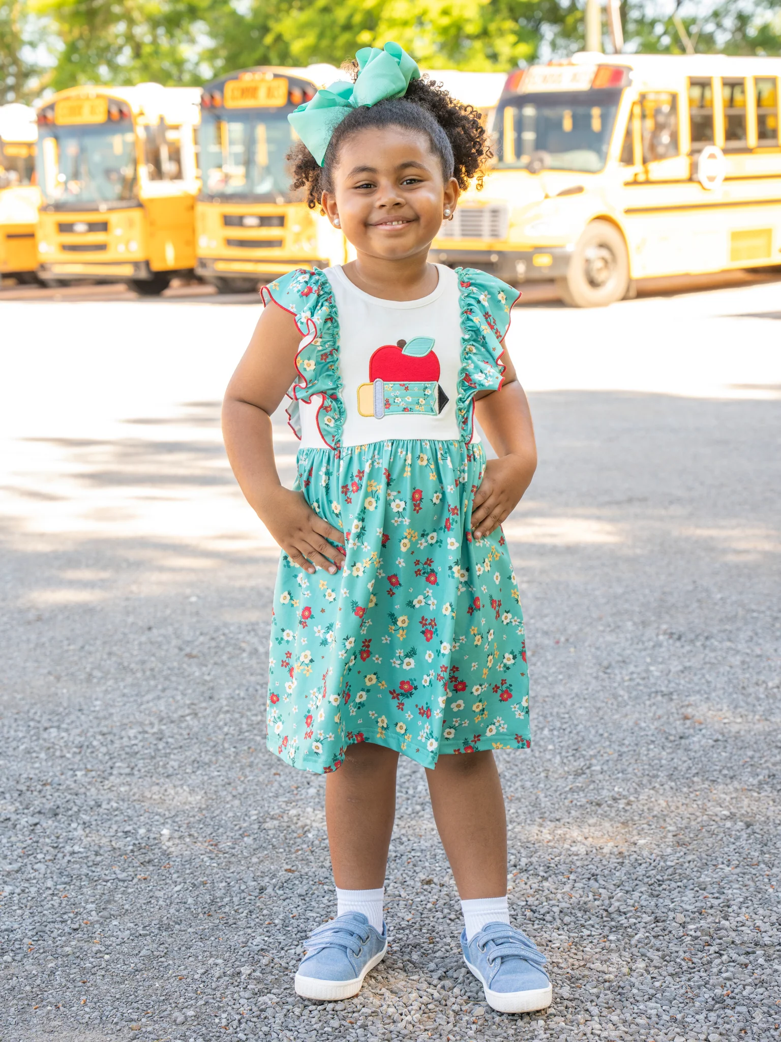 Teal Floral School Time Ruffle Dress - Image 3