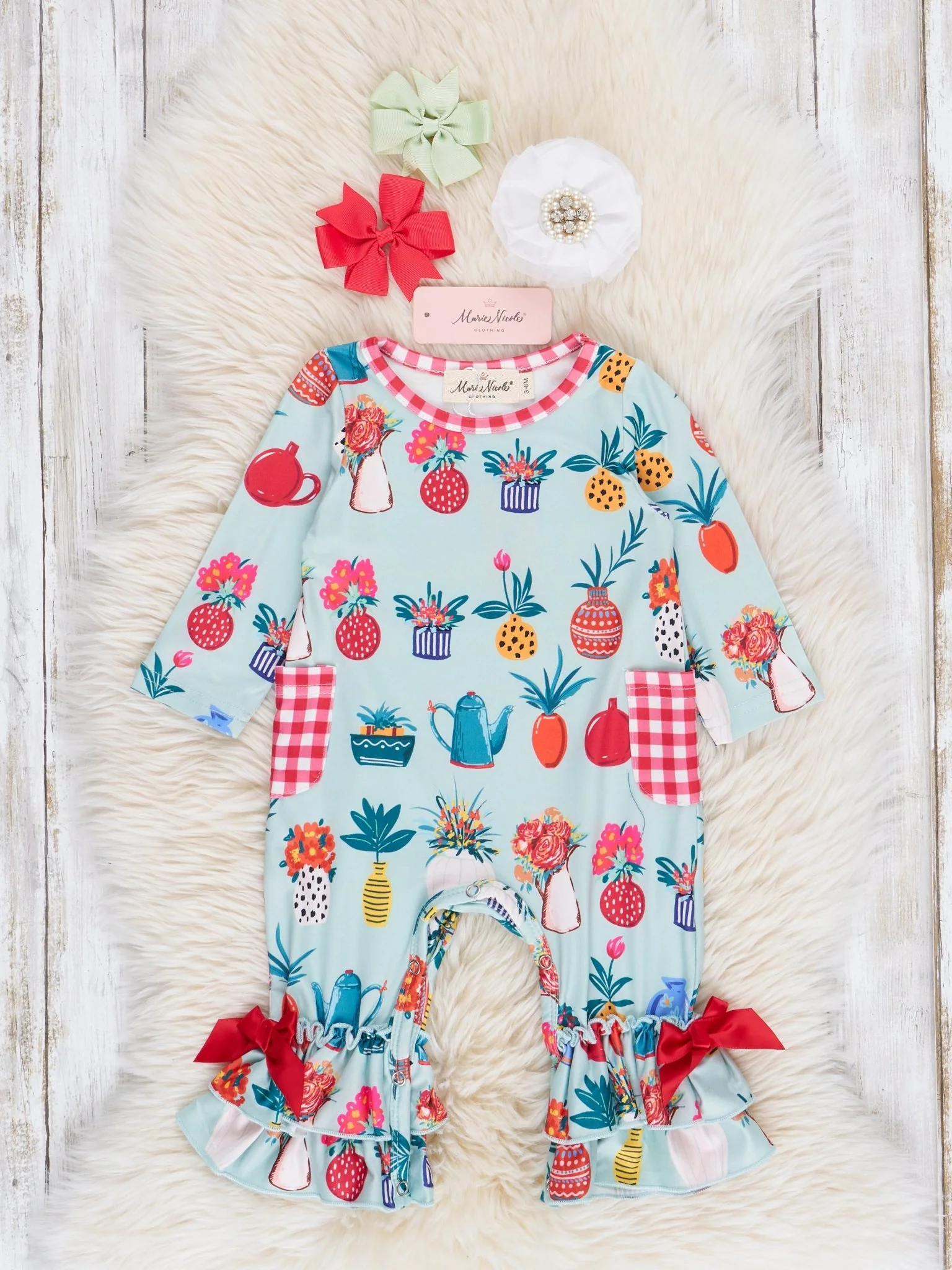 Teal Gardening Gingham Pocket Romper