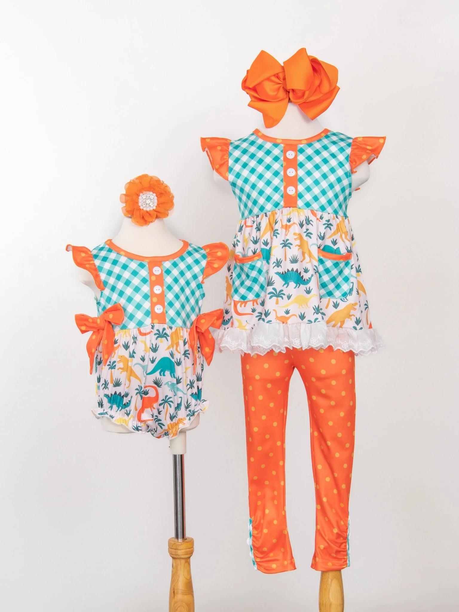 Teal Gingham Dinosaur Ruffle Pocket Outfit - Image 3
