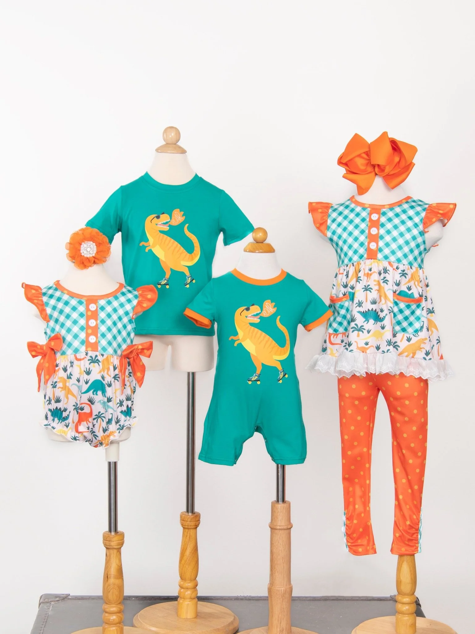 Teal Gingham Dinosaur Ruffle Romper - Image 3