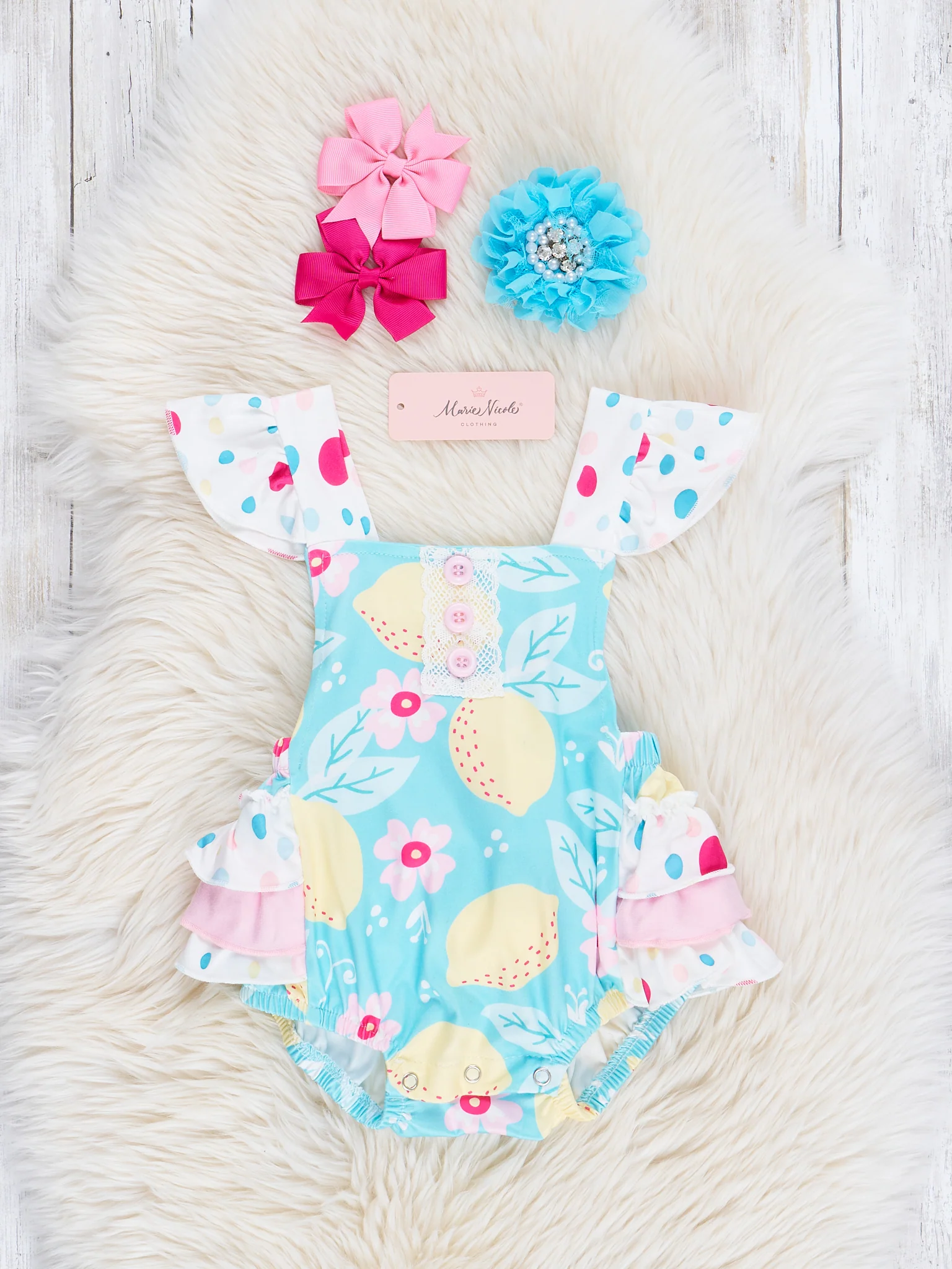 Teal Lemon Drops Ruffle Bubble Romper