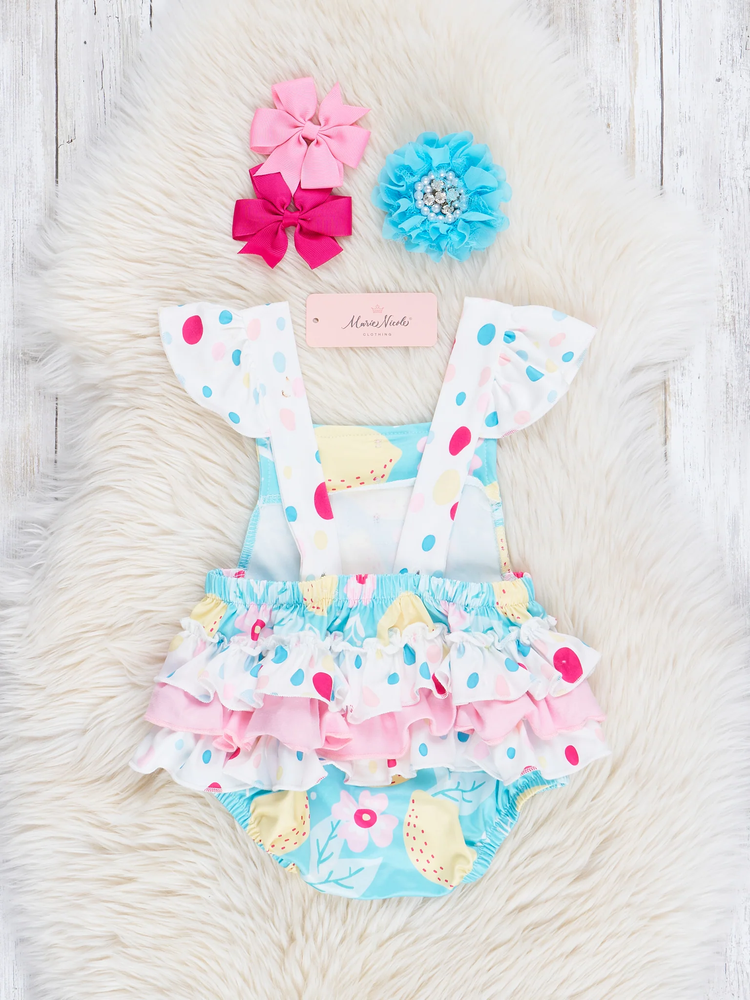 Teal Lemon Drops Ruffle Bubble Romper - Image 2