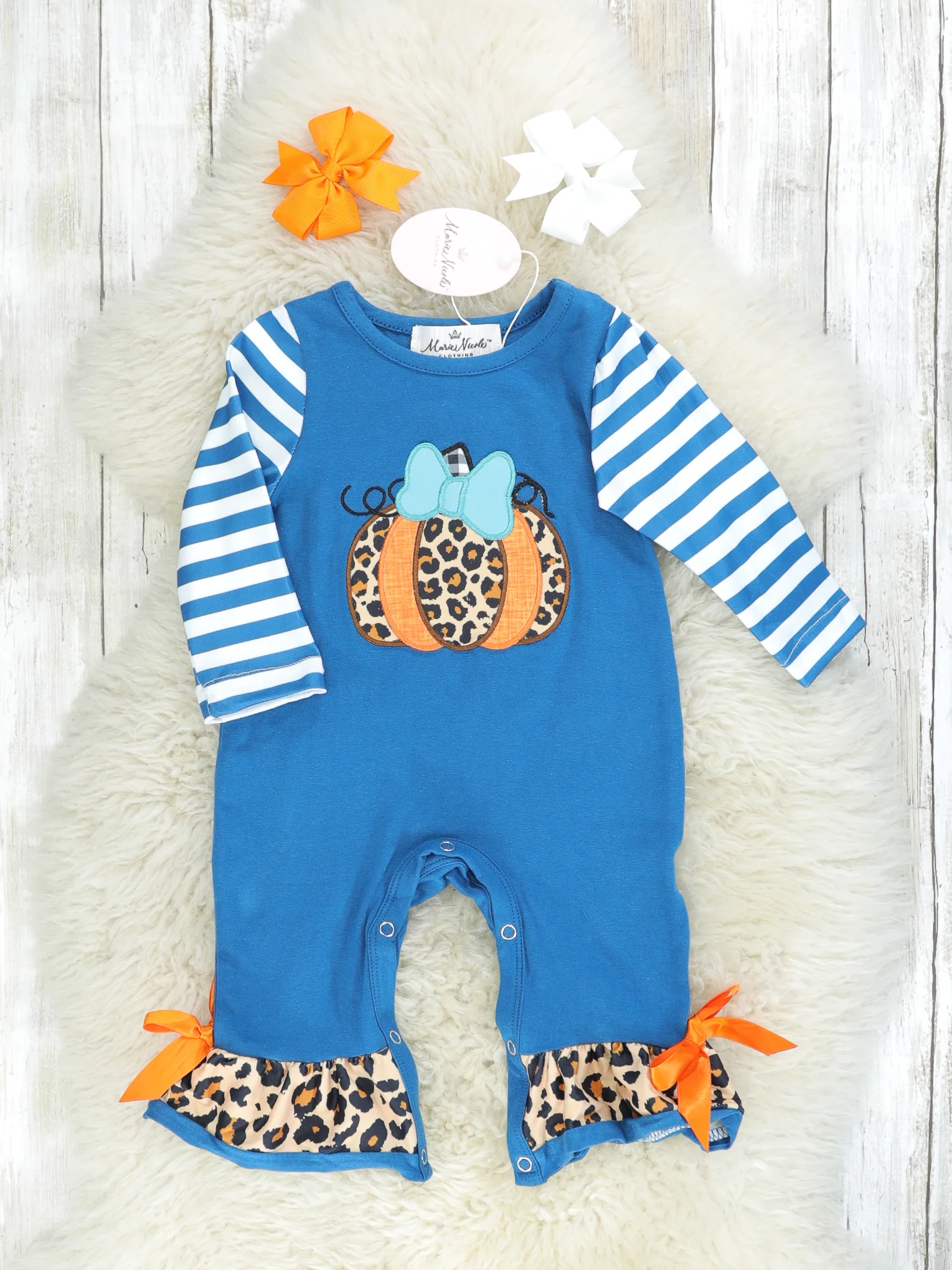 Teal Leopard Pumpkin Ruffle Romper