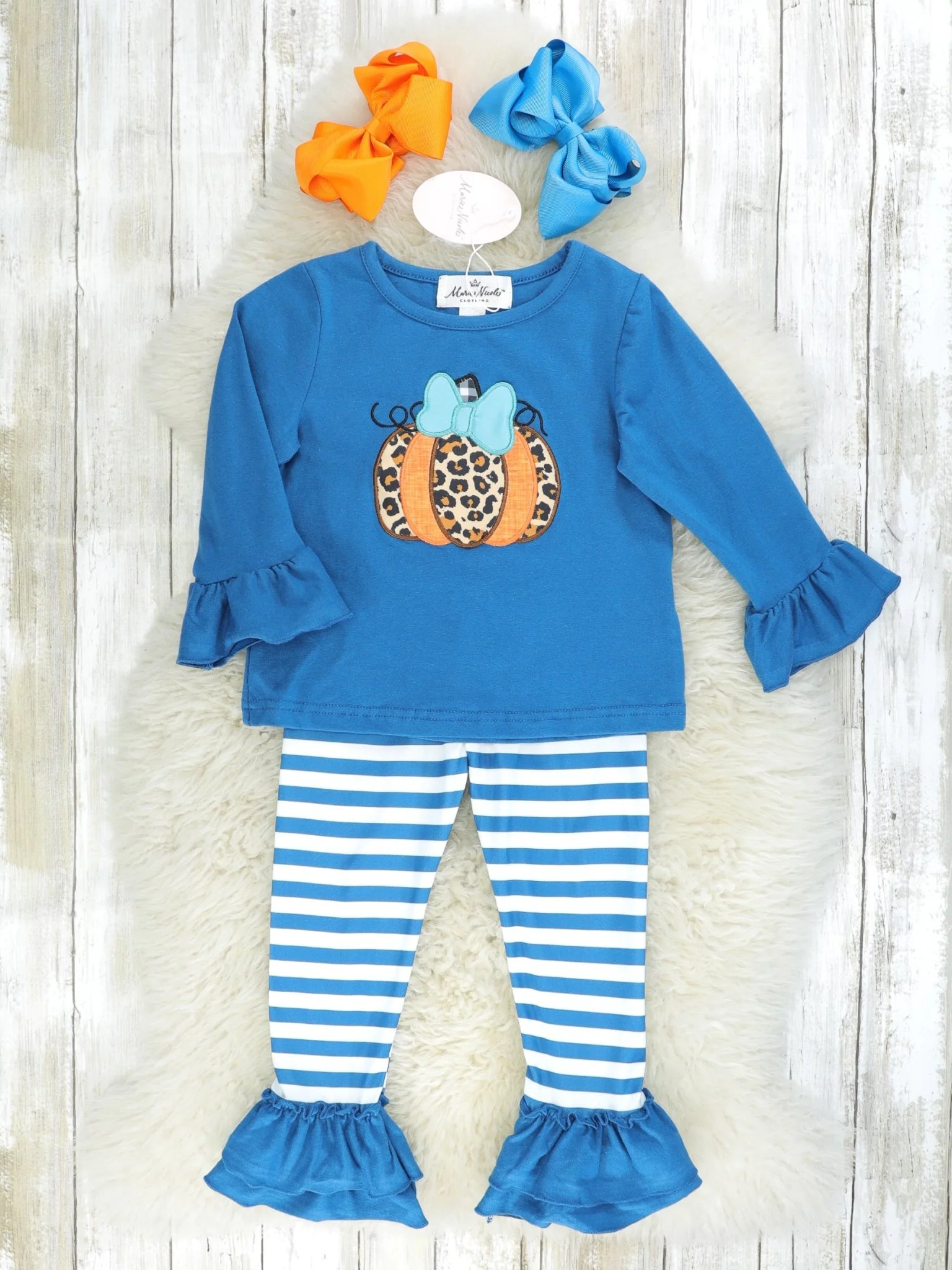 Teal Leopard Pumpkin Top & Striped Ruffle Bottoms Outfit